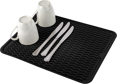 Oizeir Silicone Dish Drying Mat - Drain Hole, Non-Slip, Heat Resistant, Foldable. Great for Dishes, Kitchen Sink, Counter Top, Fridge Drawer Liner or Trivet for Hot Pots. 12" X 16" | Black