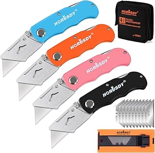 HORUSDY 4-Pack Folding Utility Knife, Box Cutter for Cardboard, Boxes and Cartons, Extra 10pcs SK5 Quick Change Blades.
