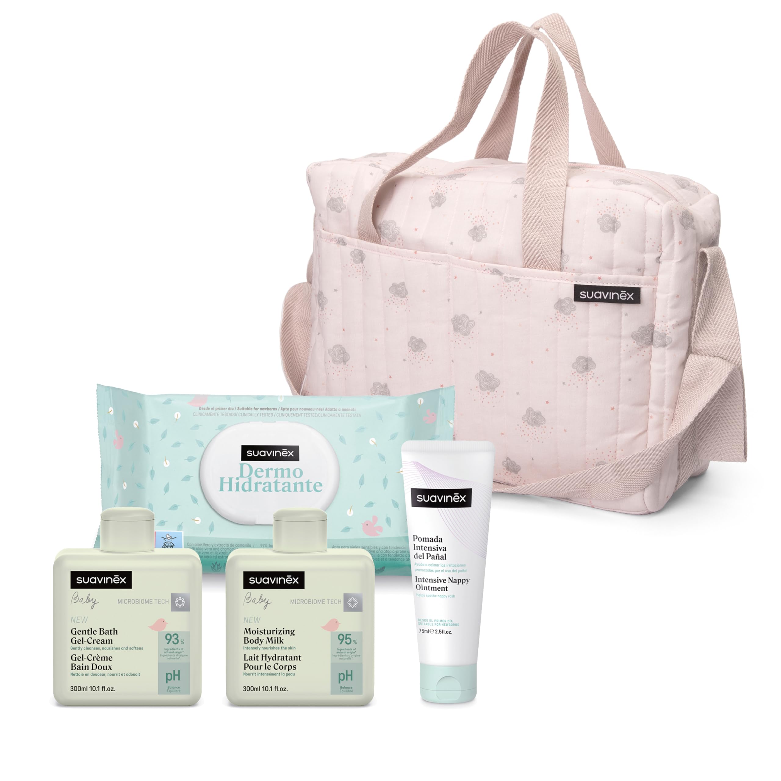 Suavinex Borsa cambio bambino con cosmetici Gel detergente delicato 300 ml Latte idratante 300 ml Crema cambio 75 ml Salviette 60 unità Regalo nascita rosa