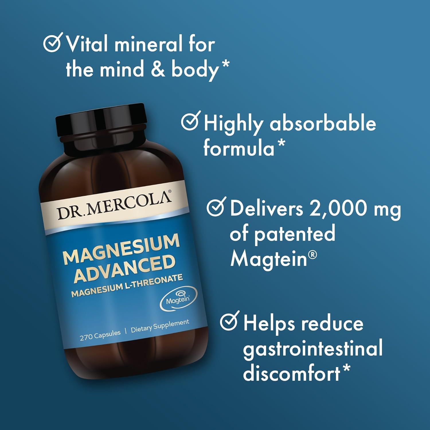Dr. Mercola Magnesium Advanced - Supports Bone, Joint & Brain Health - Contributes to More Restful Sleep - Non-GMO, Gluten-Free & Soy-Free - 270 Capsules (90 Servings)