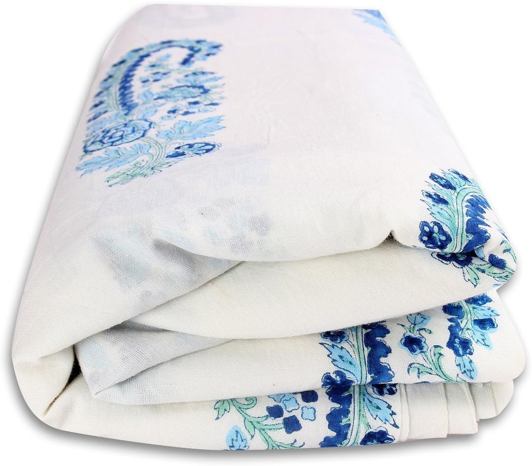 BANARSI DAS Cotton Floral Hand Block Printed Jaipuri Handmade Sanganeri Fabric, 2.5m (White and Blue, BD_22)