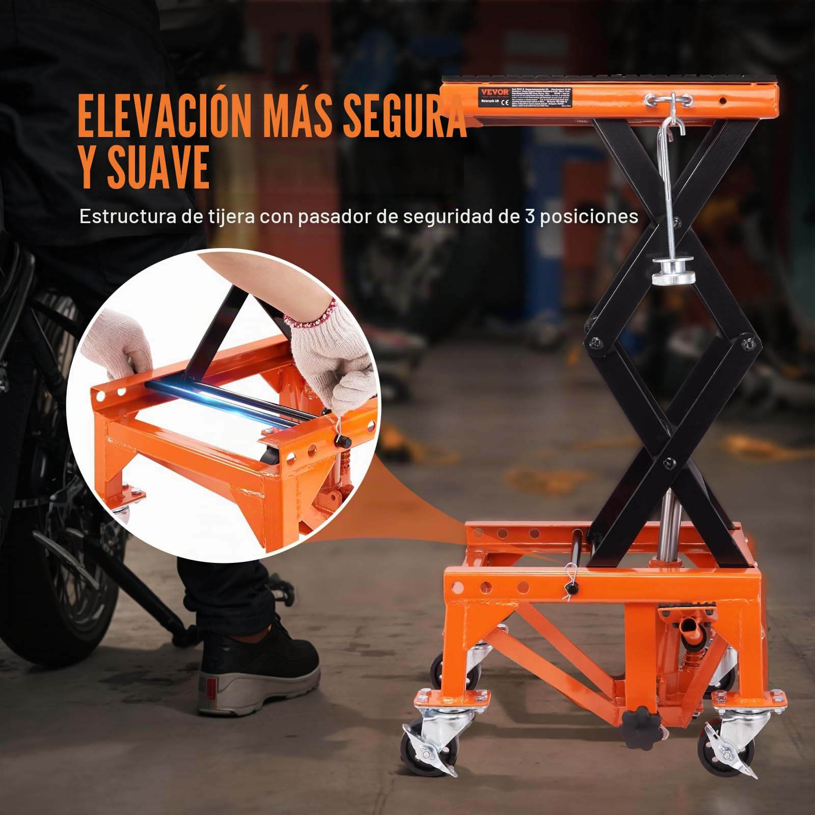 VEVOR Plataforma Elevadora para Motocicletas 41,5 x 35 cm Elevador de Motos Hidráulicos de Tijera Capacidad de 158 kg Mesa Elevadora con 2 Ruedas Elevación de 340-905 mm para Taller Garaje, Naranja