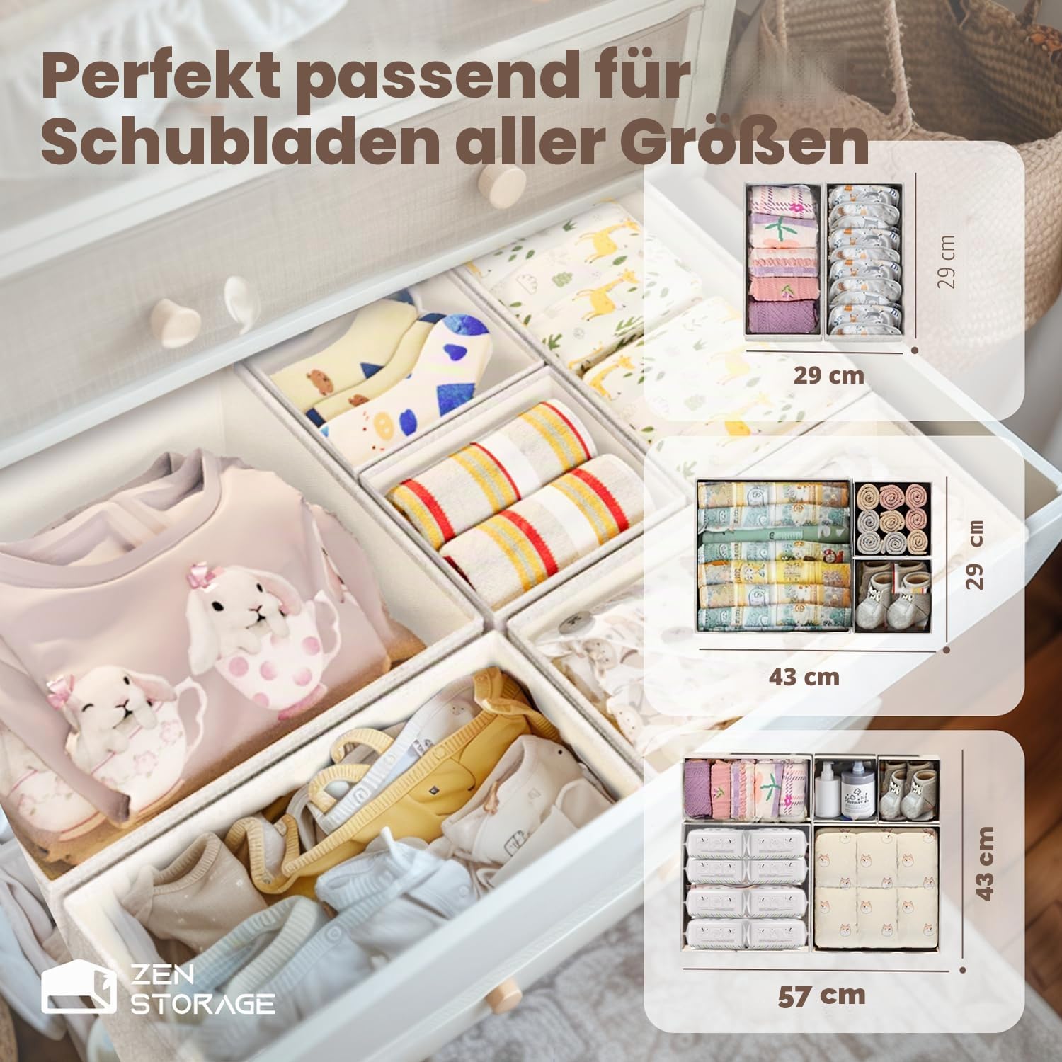 Baumwoll-Leinen-Schubladen-Organizer für Babykleidung, 20er-Pack Mehrgrößen-Kommoden-Unterteiler für Kleidung, Premium faltbare Aufbewahrungsboxen für Schlafzimmer, Schrank und Wickeltisch