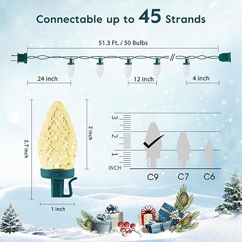 Miniatura 3 de Luces LED C9 de Navidad para exteriores con 50 clips de resorte, 50 pies 50 luces LED impermeables de fresa, grado comercial extensible, perfectas