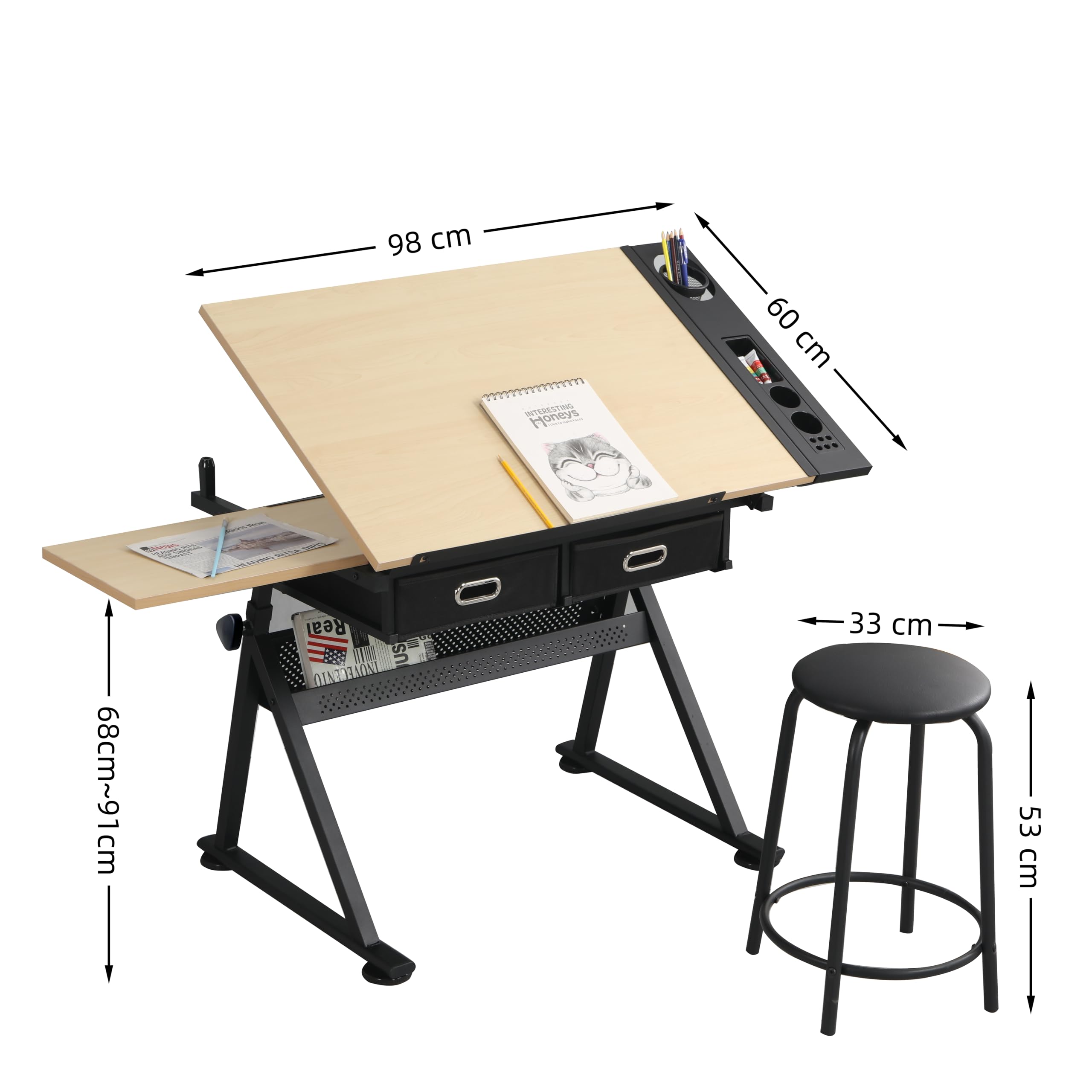 Zeichentisch Ahorn mit 2 Schubladen & Hocker – höhenverstellbarer Schreibtisch 69-91 cm & neigbar 0-75°, Arbeitstisch mit Metall-Ablageleiste für Homeoffice & Schule, Basteltisch für Erwachsene