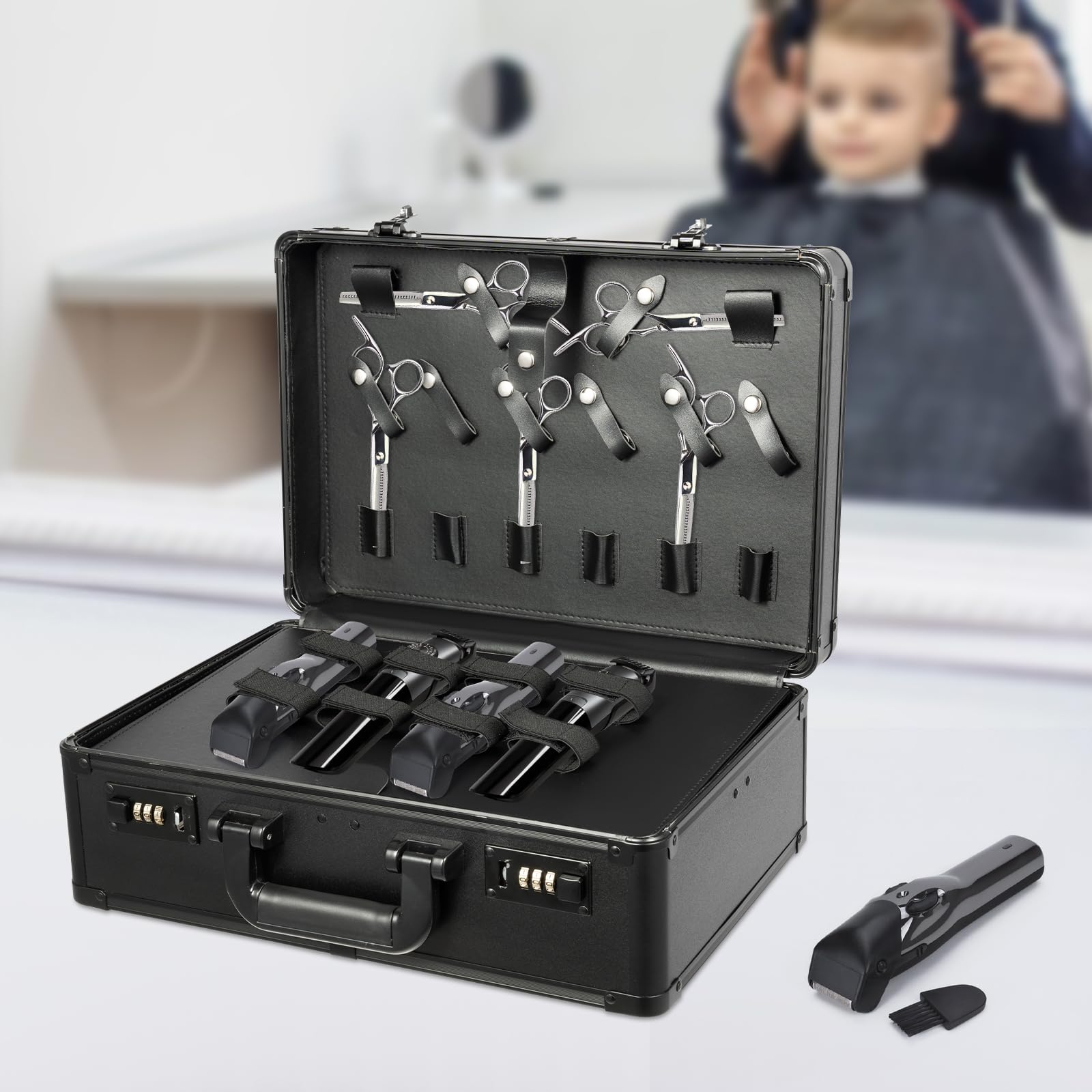 Friseur Werkzeugkoffer Schwarz – Haarschneide Aufbewahrungskoffer mit Passwortschloss – Aluminiumrahmen, großes Fassungsvermögen – für Scheren,Bürsten – Friseur Tasche, Salon Koffer, tragbar – 2,25 kg