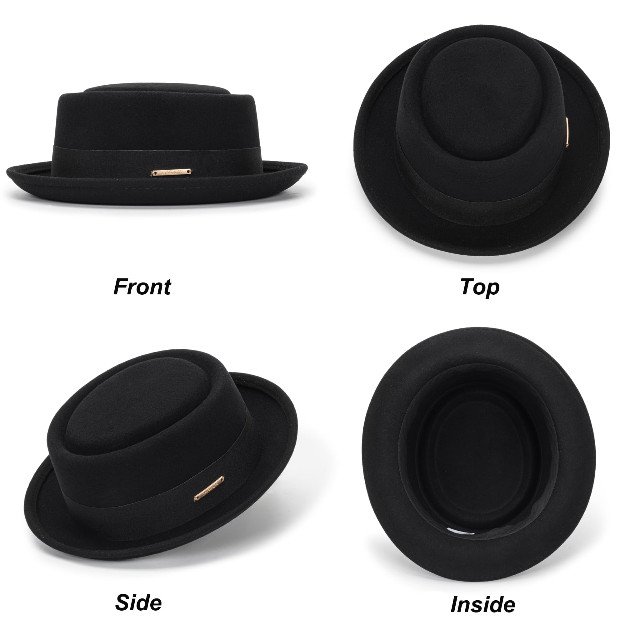Sombrero de Porkpie Plano para Hombre, Sombrero de Lana Negra con Banda (S-M), Negro con Banda, M
