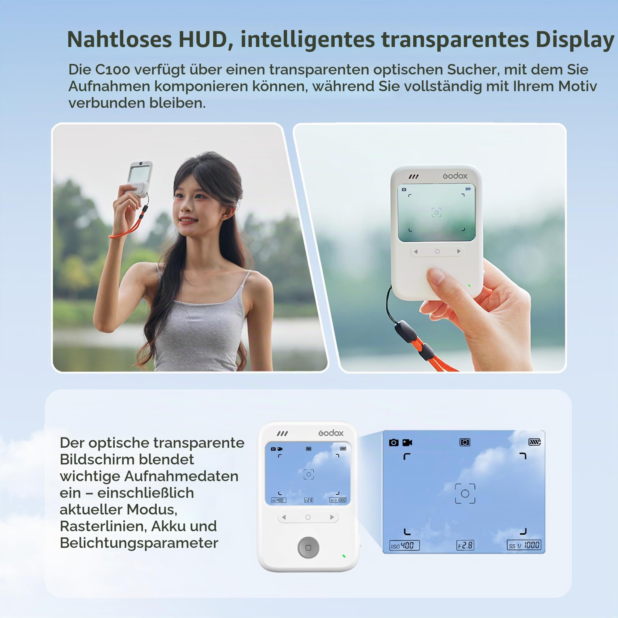 Godox C100 Belichtungsmesser Kamera mit transparentem Sucher und OTG | Optischer Sucher mit nahtlosem HUD-Display Vier kreative Seitenverhältnisse für Porträts, Street-Mobile-Fotografie