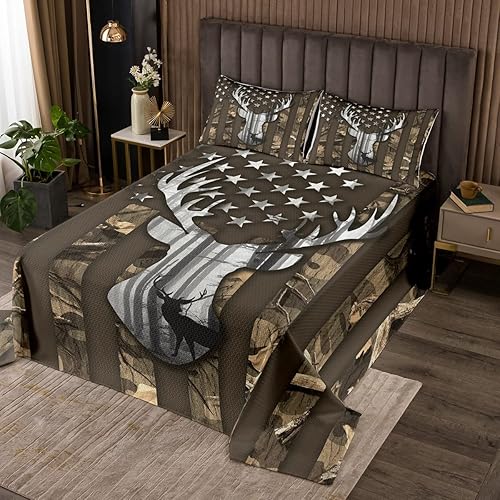 Castle Fairy Colcha de camuflaje con bandera de Estados Unidos, cubrecama de camuflaje marrón con cuernos de ciervo de animales salvajes para