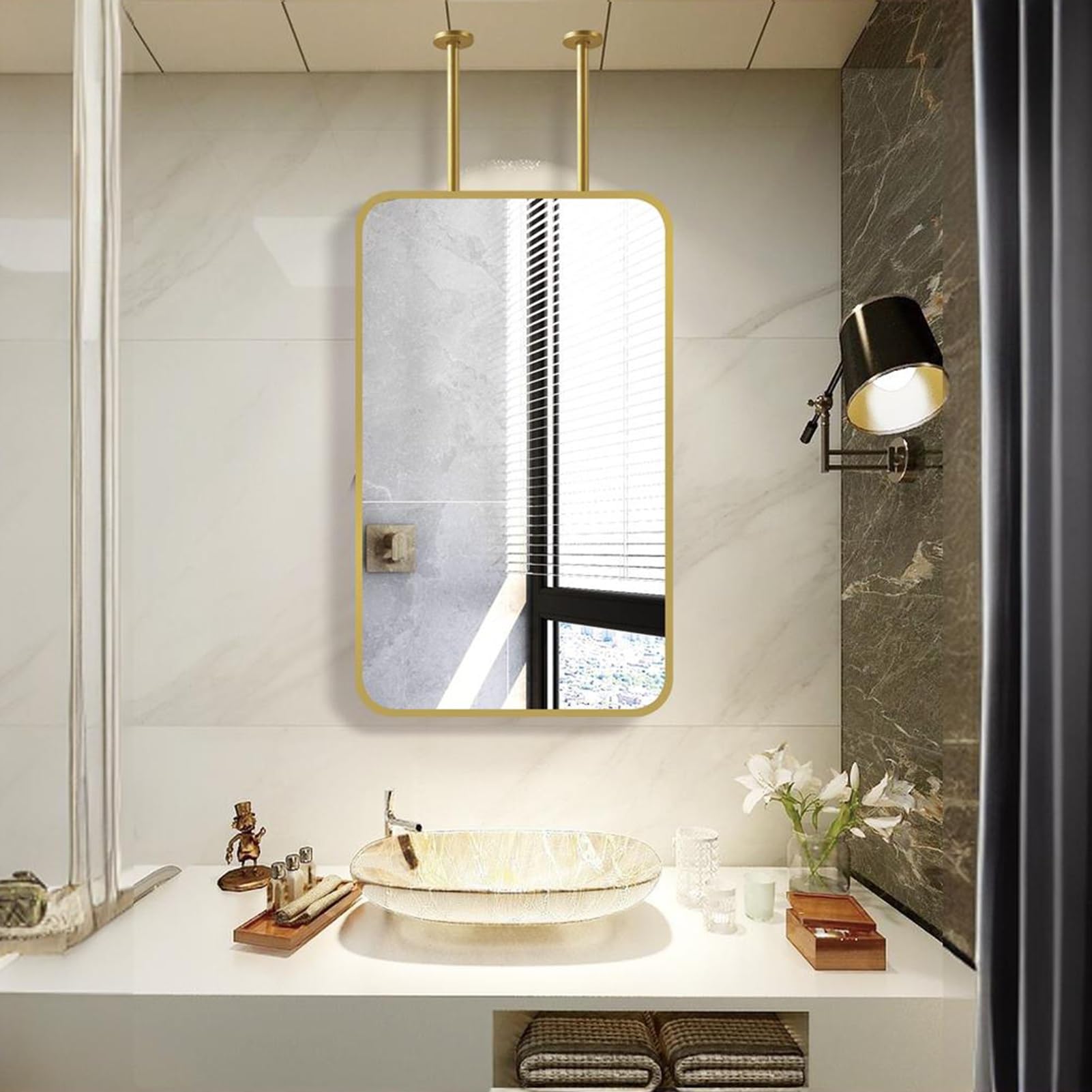FGXHHS Gold for Wall, Rectangular Ceiling Mounted Mirror, Suspended Hallway Decorative Vanity Hanging Shaving Mirrors -Customizable Boom(40cmx70cm)