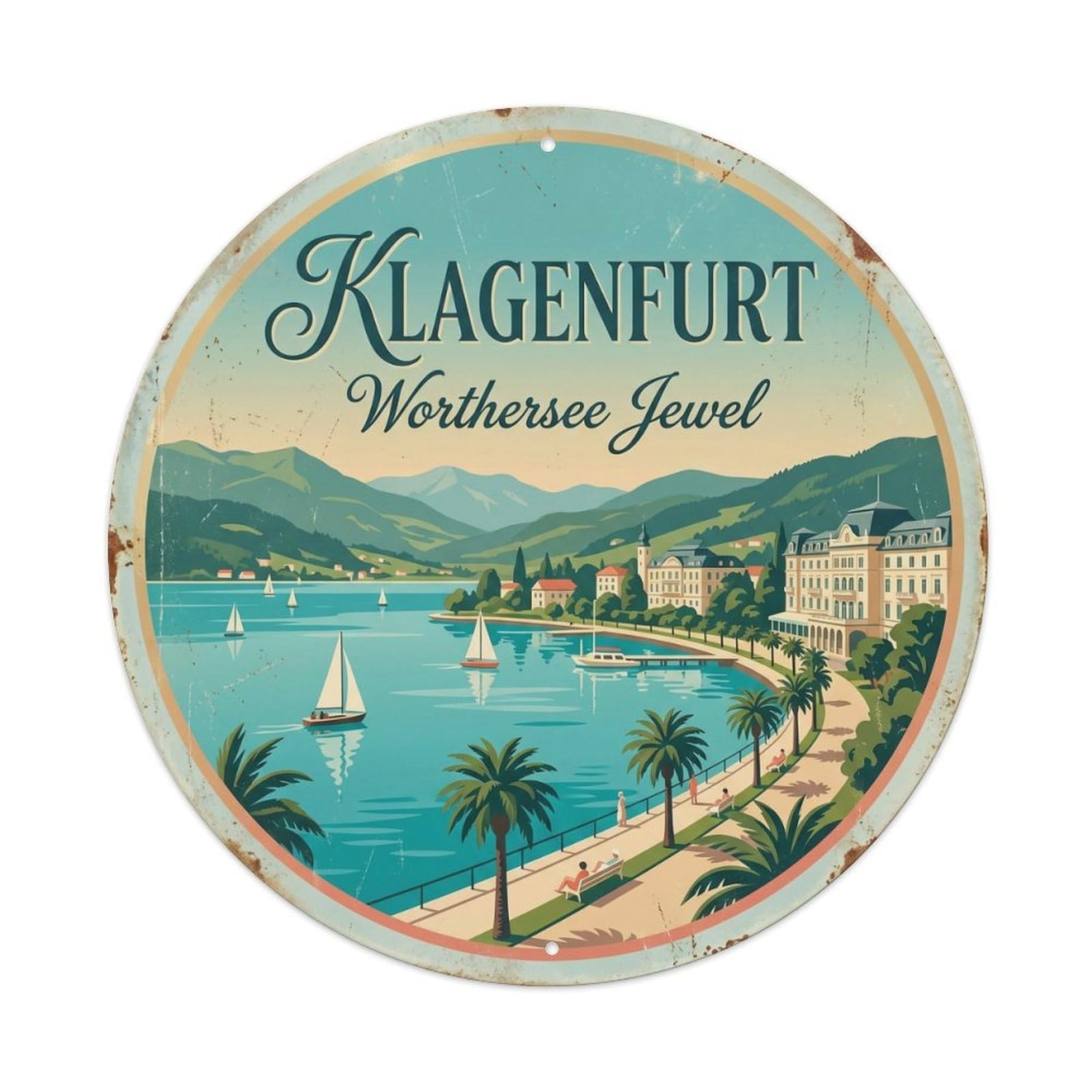 Cmhok Vintage Style Vintage Travel Klagenfurt Worthersee Lake Metal Tin Sign Plaque Wall Decor For Cafe, Club, Garden Round Metal Poster 8X8inch
