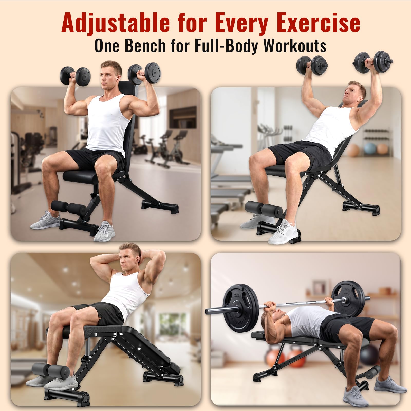 Adjustable Weight Bench, 144 Configurations with 3-Position Headrest, Foldable Workout Bench with Extended Backrest, 600 LB Capacity for Home Gym Full Body Strength Training