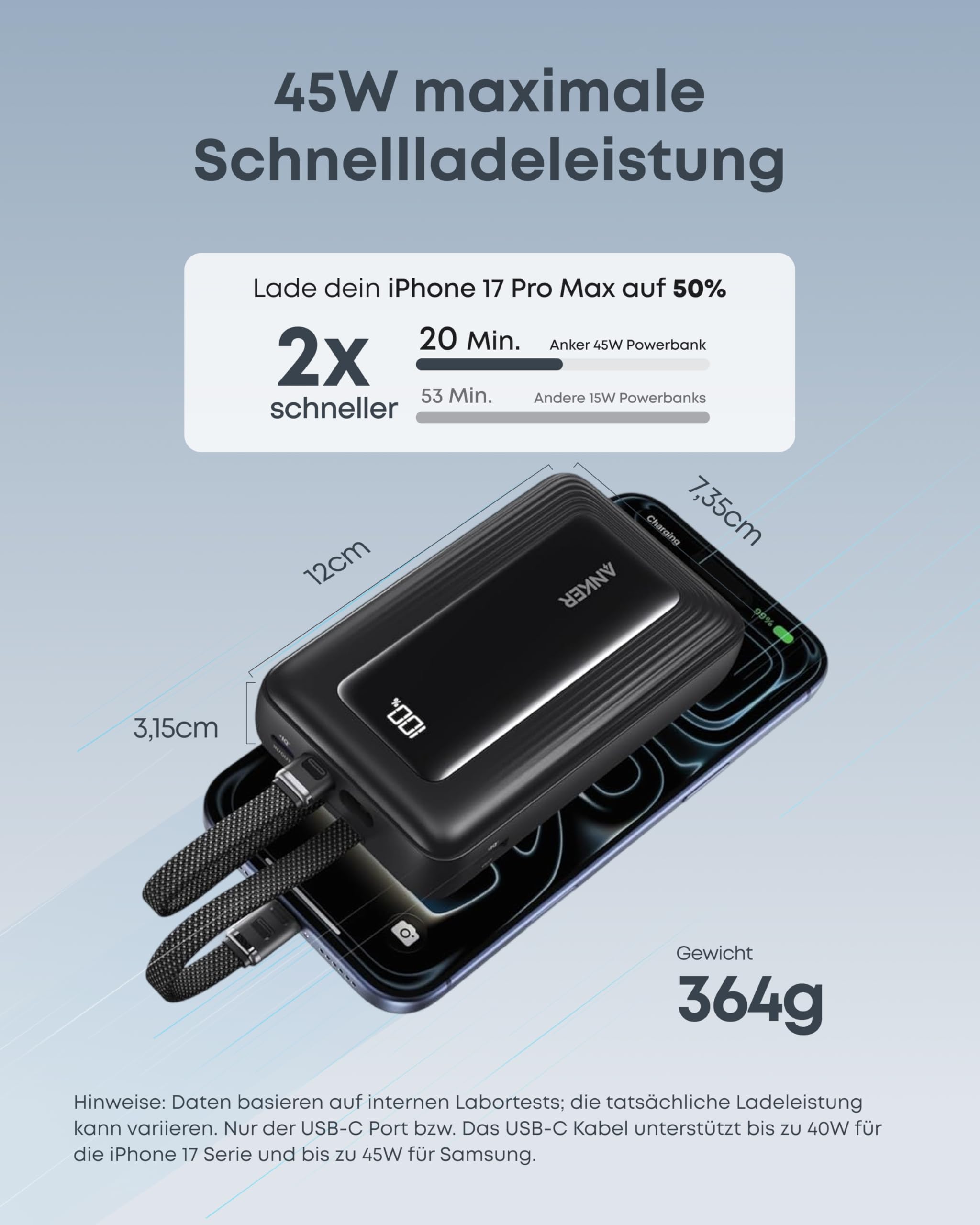 Anker Zolo Powerbank (2025 Upgrade), 45W Schnellladung, 20000 mAh Akku-Pack, Zwei integrierte USB-C Kabel, 1 USB-C und 1 USB-A Port, für iPhone 17/16-Serie, Galaxy, MacBook und mehr
