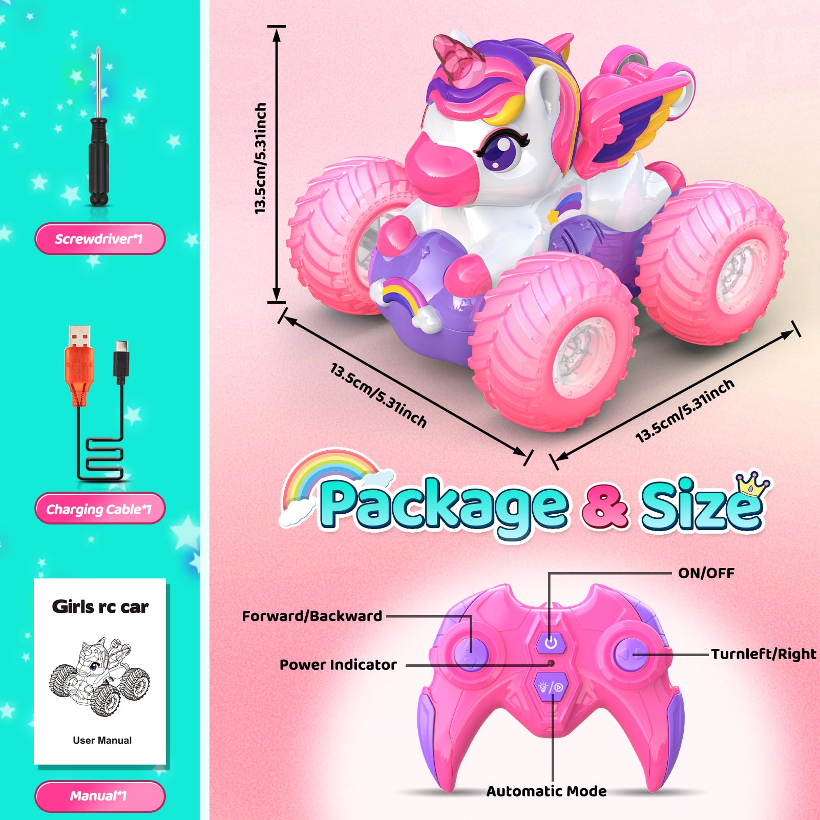 HappyGoLucky Macchina Telecomandata per Bambini Bambina, Unicorno Giocattolo, 2,4 GHz, Luce LED, Capovolte a 360°, Monster Truck Auto Giochi Regalo Bambina 3-12 Anni Femmina - Regali Natale