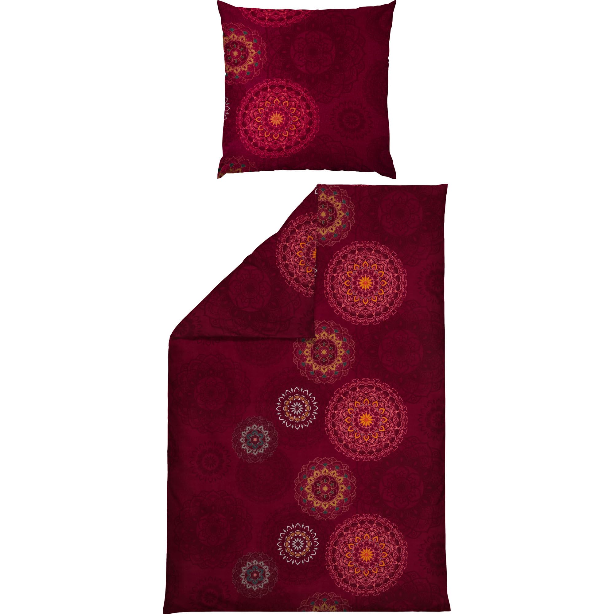 Erwin Müller Bettwäsche, Bettgarnitur Sparpaket 4-TLG. Flanell - Mandala - mollig warm, temperaturregulierend, mit praktischem Reißverschluss - Bordeaux Größe 80x80 cm / 135x200 cm