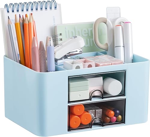 Miniatura 7 de Organizador de escritorio con 2 cajones, organizador de suministros de oficina para escritorio, bonitos accesorios de escritorio con plástico,