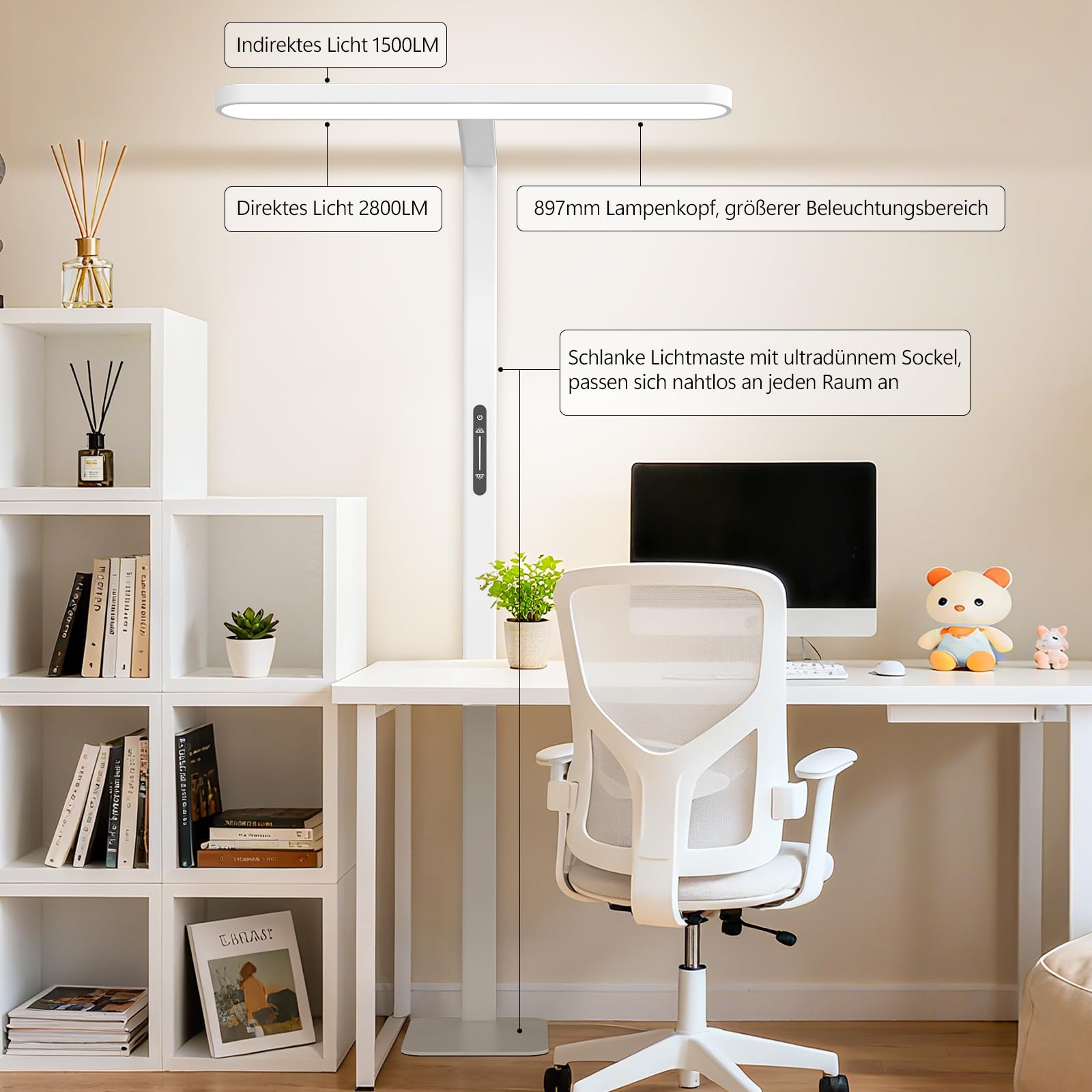 LES FLEURS 60 W LED-Büro-Stehlampe zum Lesen, 4300 lm, dimmbar, 185cm, Weiß | Vollspektrum-Leseleuchte mit Augenschutz, 4000K dimmbare Tageslicht für Wohnzimmer, Schlafzimmer, Arbeitszimmer und Büro