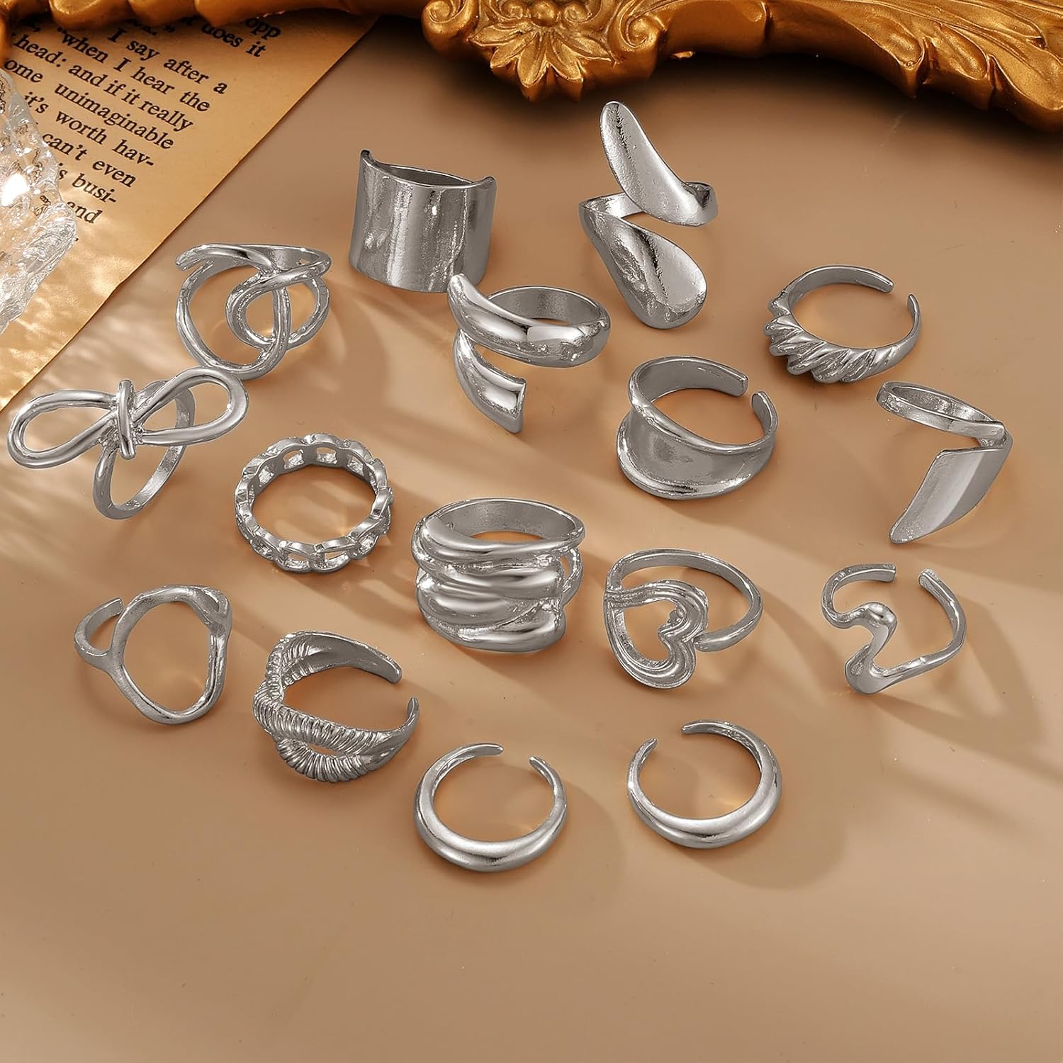 IFKM Gold Chunky Rings Set for Women 14k Gold Plated Thick Dome Stackable Open Rings Trendy Dainty Minimalist Jewelry Gifts Silver Geometric metal wind image 5 of 7 B0F2H833K6