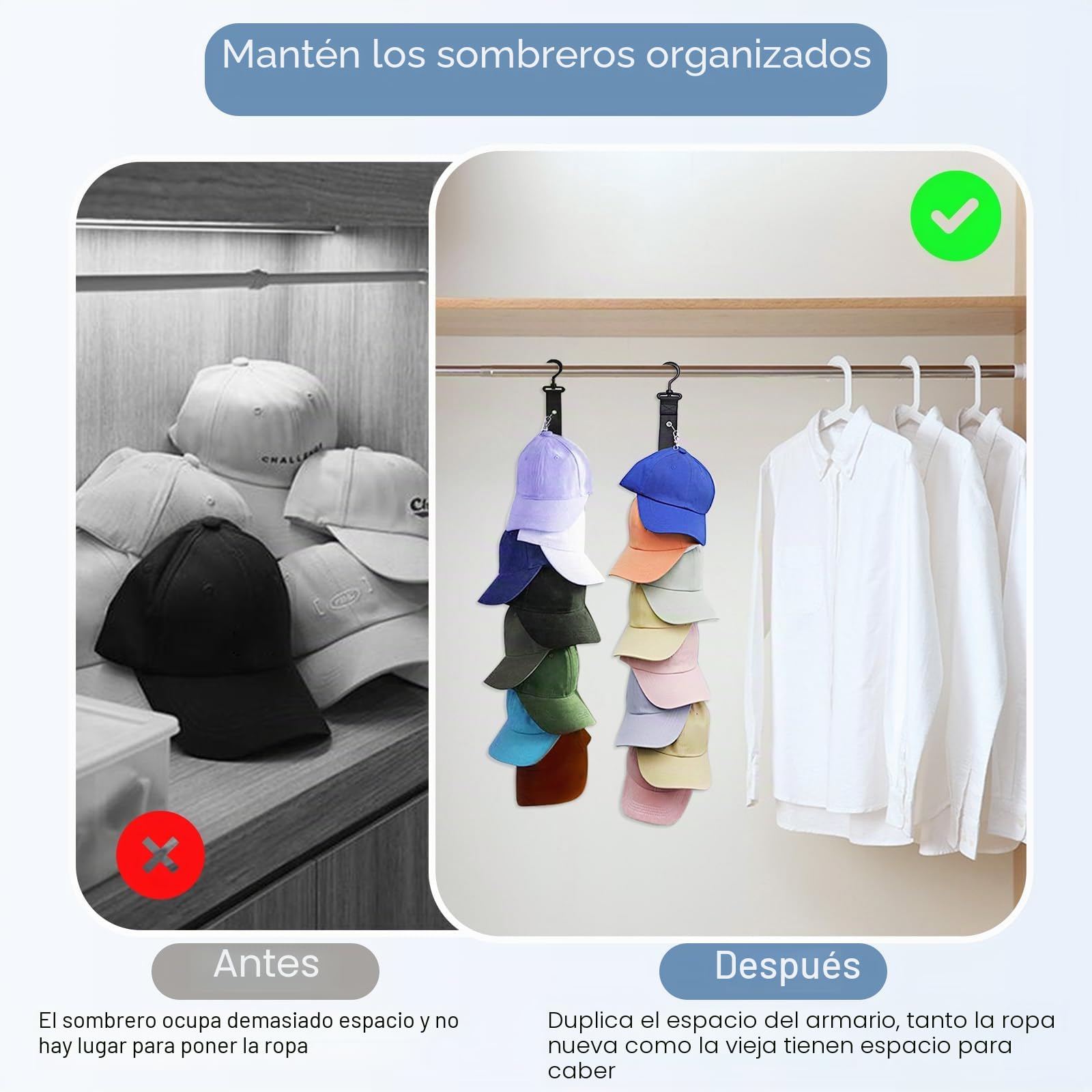 Organizador de Gorras Colgador Vertical 16 Ganchos Acero Inoxidable 2 Ganchos Adhesivos Soporte Pared Puerta Armario