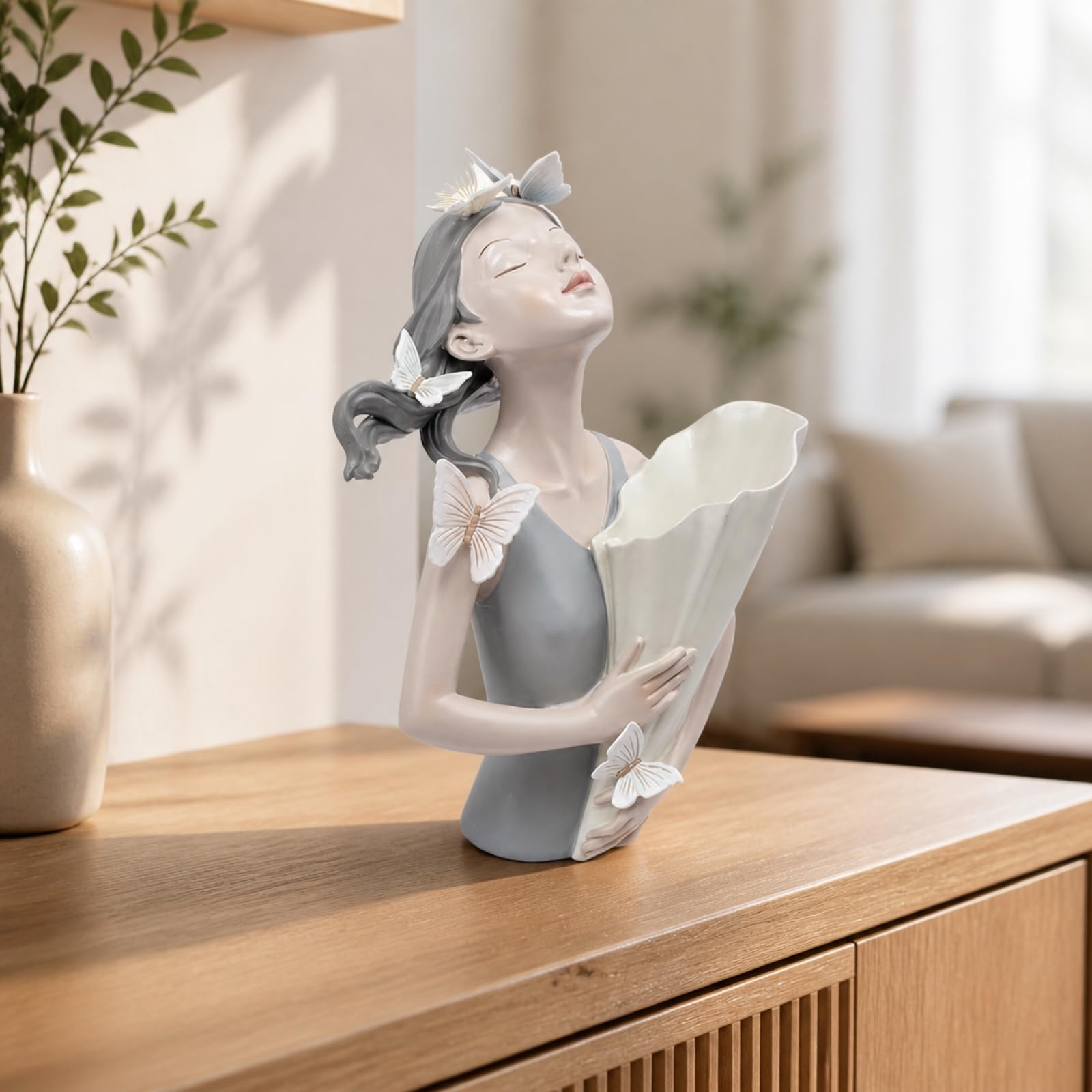 Statuetta di Ragazza con Portafiori a Bouquet Delicato Scultura di Ragazza a Busto Parziale Tridimensionale Ornamento da Tavolo in Resina Sintetica,