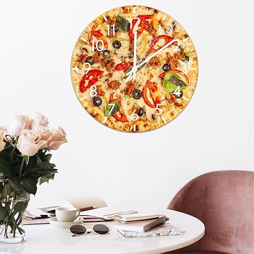 Miniatura 8 de ArogGeld Reloj de pared de PVC con diseño de pizza y queso realista reloj de pared colgante de alimentos de 10 pulgadas funciona con pilas