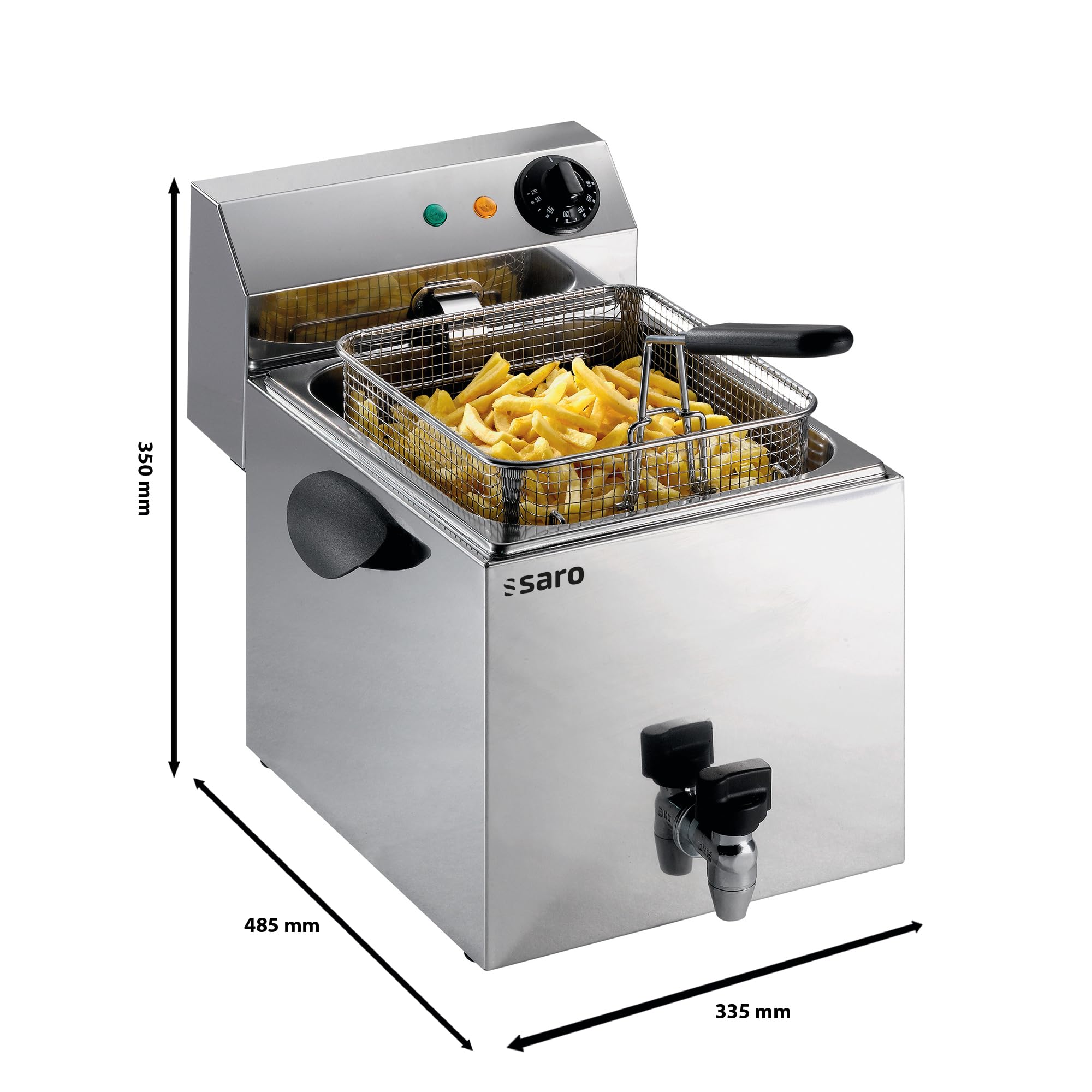 SARO PROFRI 8V Freidora de acero inoxidable, 8 l, con grifo de drenaje, recipiente redondeada con zona fría, regulación de temperatura 0-180 °C, dispositivo térmico extraíble, 3,25 kW