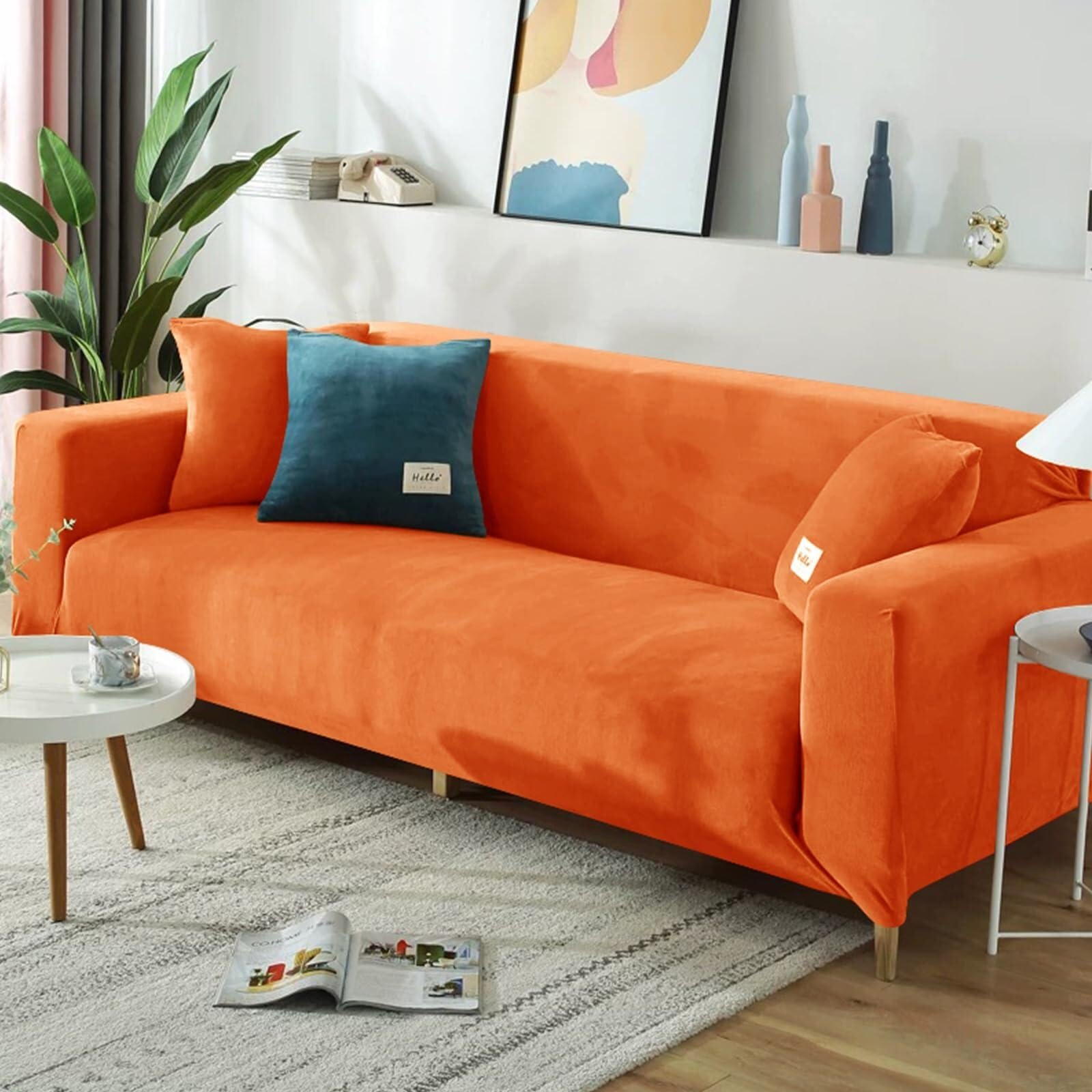 BUAOGDVG Stretch Sofa Cover, Plush Turquoise Universal Sofa Cover for 1/2/3/4 Seater Sofa Slipcover with Armrests for Furniture Protection(Orange,4-Seater)