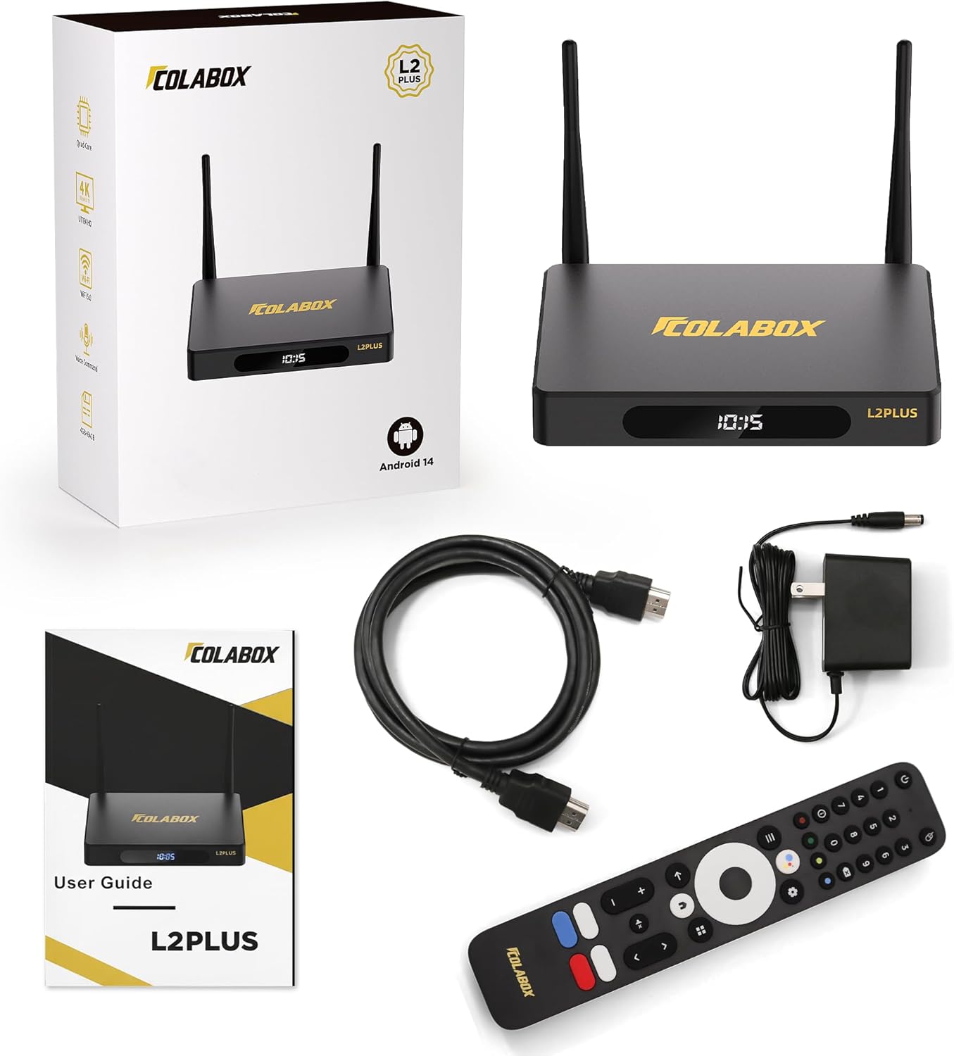 2026 COLABOX L2 Plus, with Voice Remote, HDMI Cable, Power Cord, and User Manual