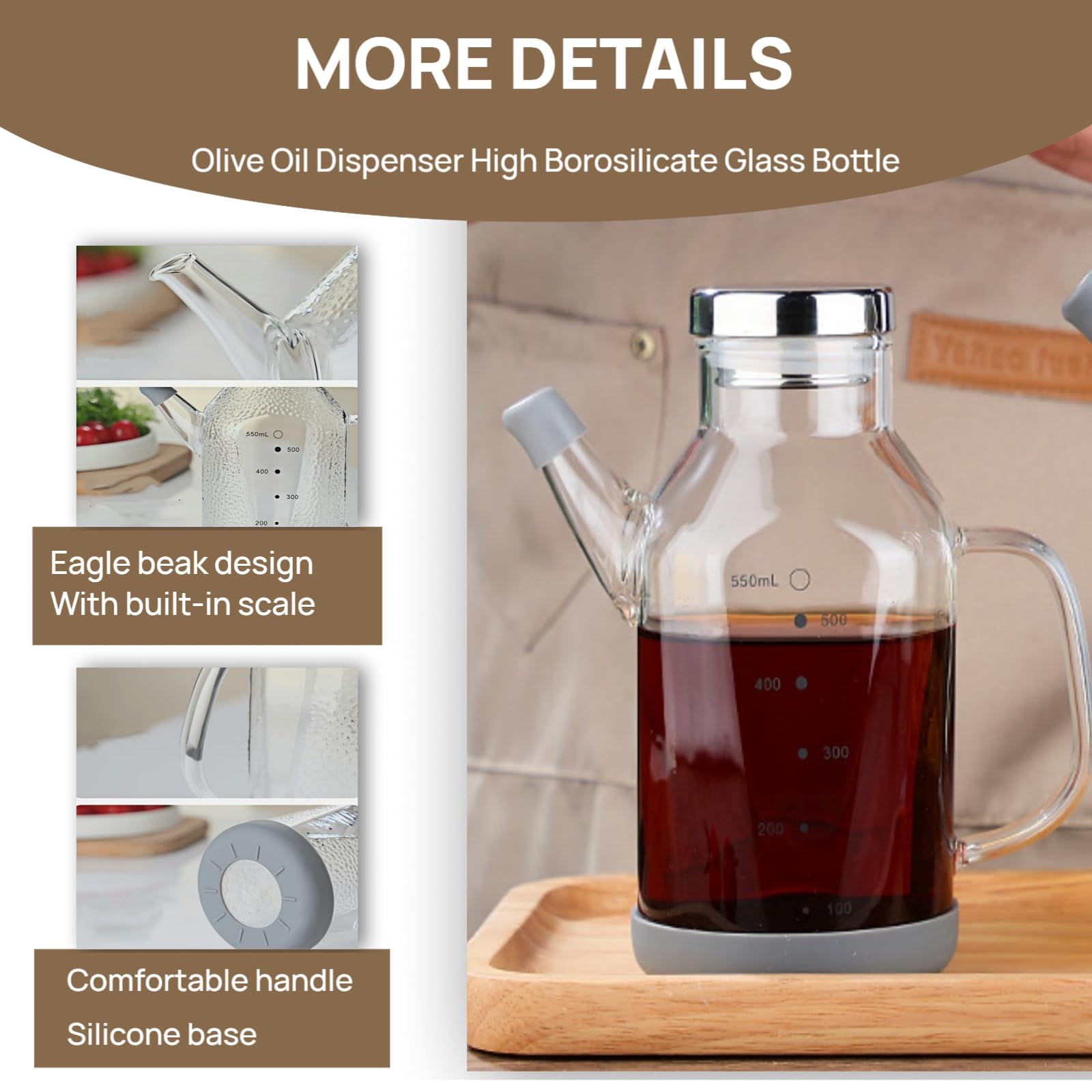 Dispensador de aceite de oliva, botella de vidrio de borosilicato de 18/25 onzas, sin plomo, con tapa de acero inoxidable y botellas de vinagre para cocina, juego de recipientes de cocina