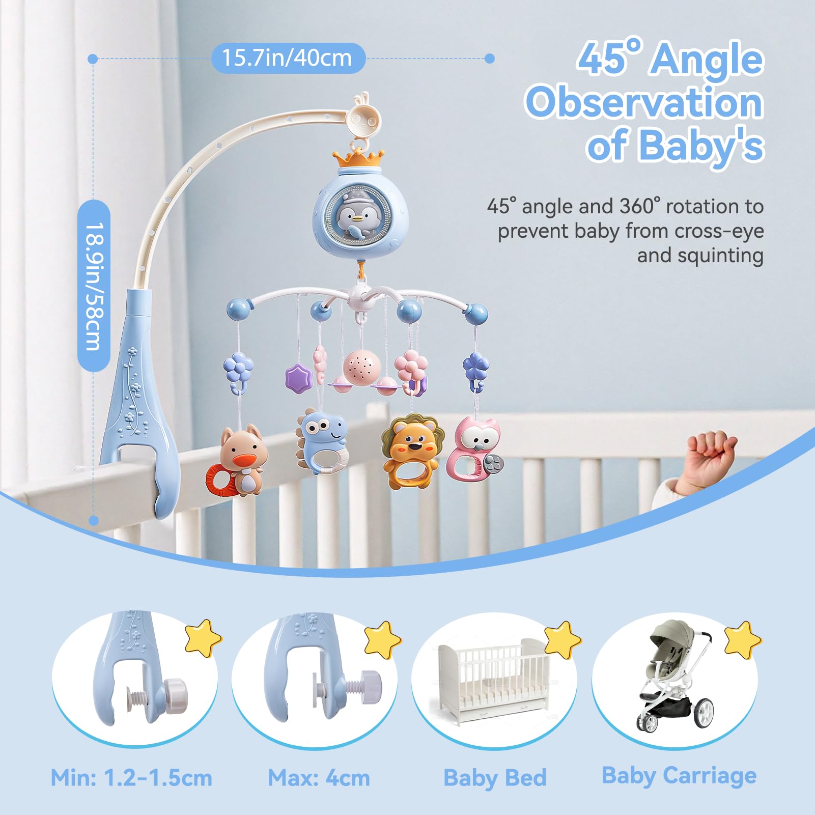 Warmiehomy Baby Cot Mobile with Light and Music Cot Mobiles for Babies with Penguin Projection Timing Function Remote Control Nursery Mobiles for Babies 0-12 Months - Image 3