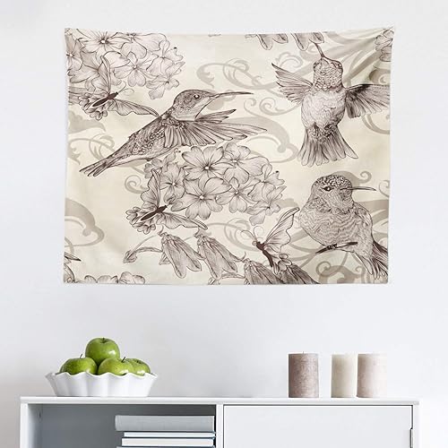 Ambesonne Hummingbirds Tapestry, Birds and Flowers Monochromic Classical Design Nostalgia