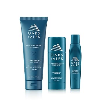 مجموعة العناية بالبشرة للرجال من Oars + Alps، مجموعة هدايا تتضمن غسول للوجه، وبكرة للعين، ومرطب، نباتية وخالية من الجلوتين، مقاس مناسب للسفر ومعتمدة من إدارة أمن النقل، 3 عناصر إجمالاً