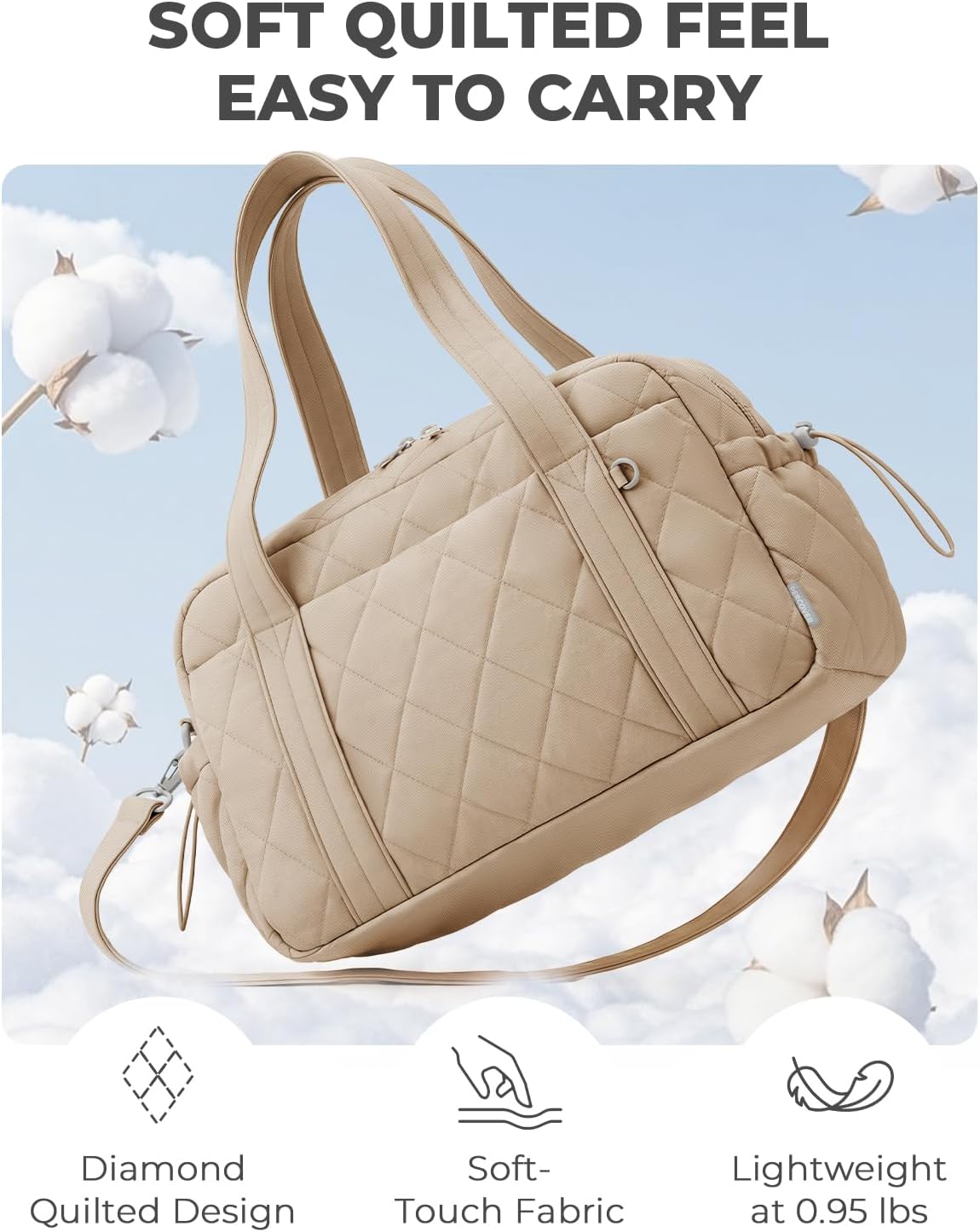 Percover Weekender Bag for Women, Ultra Lightweight Travel Duffle, Carry On Personal Item Overnight Bag with Toiletry Pouch & Compartments, Quilted Gym & Travel Bag, Camel Tan