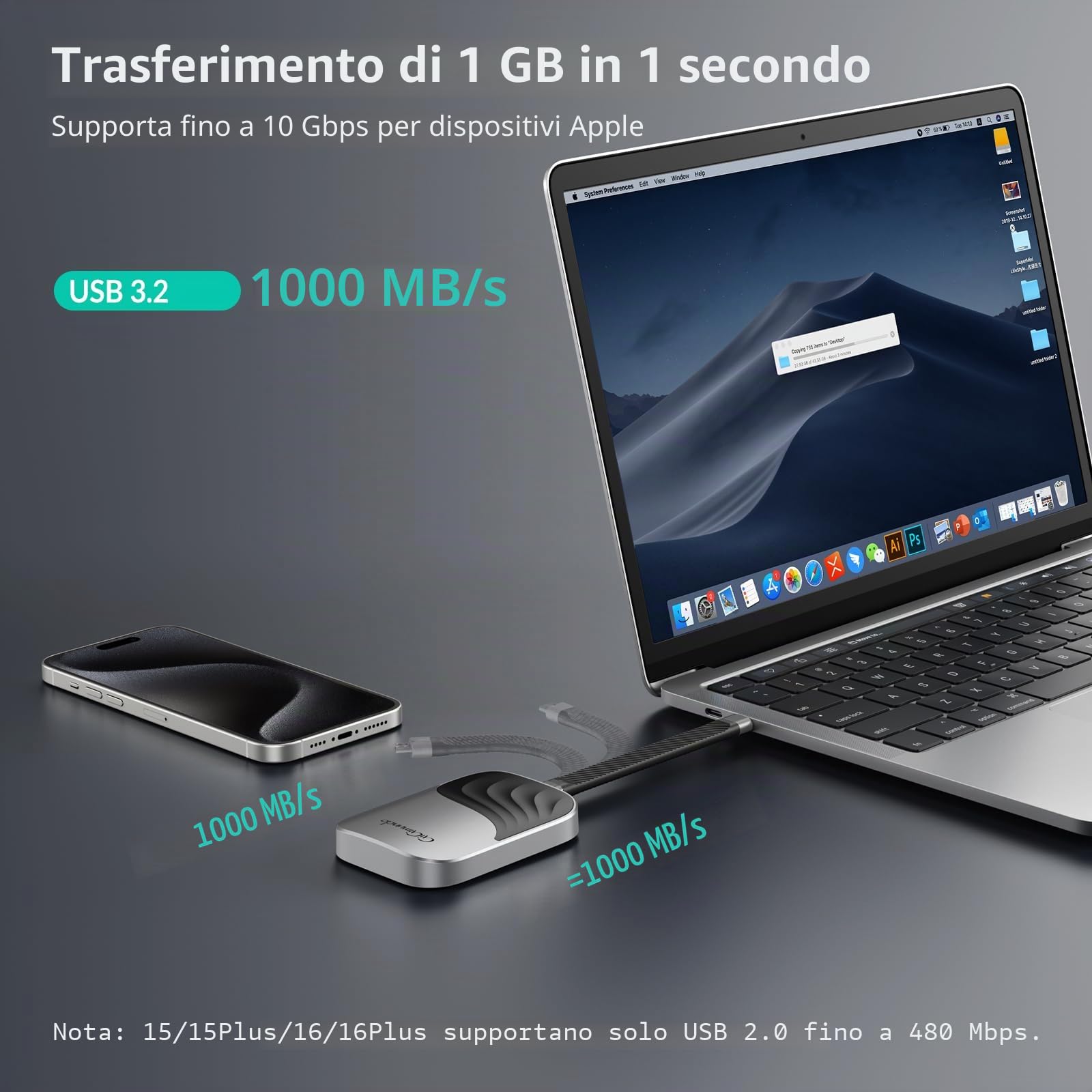 GiGimundo M20 SSD Magnetico 2TB, SSD Portatile, Resistente in Lega di Zinco, Max 2000MB/s tramite USB-C 3.2 Gen 2x2 per PC, Compatible for 15/15 Pro Max/16 Pro/16 Pro Max, Mac, Tavoletta