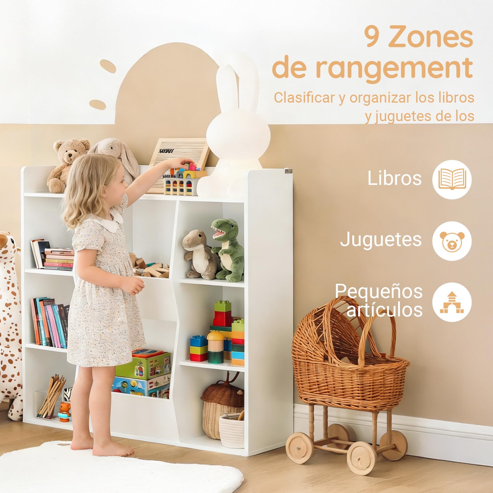 SoBuy Librería Infantil Estantería Montessori con 6 Estantes y 2 Compartimientos Organizador Juguetes Almacenaje para Libros Muebles habitación Blanco 106x30x104 cm KMB55-W