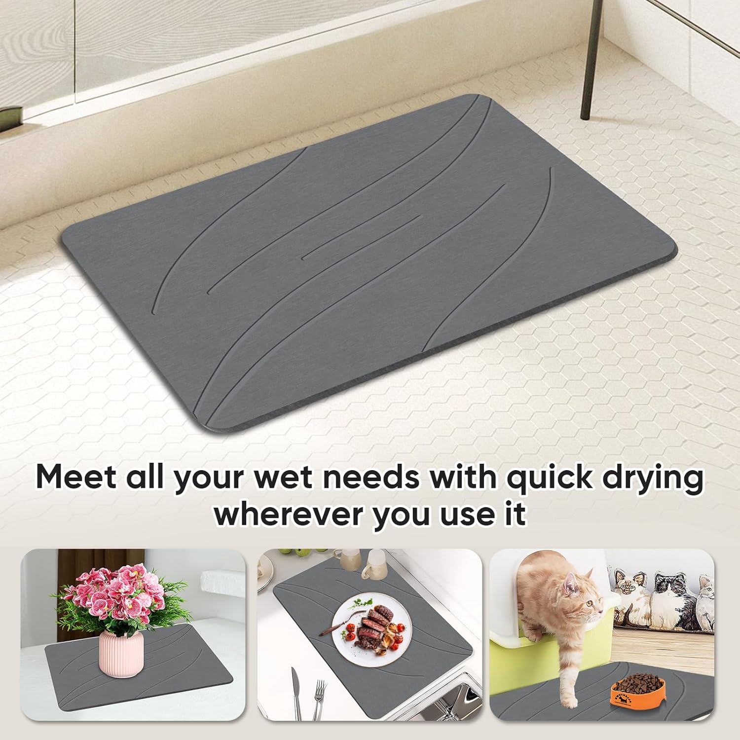 Stone Bath Mat Diatomaceous Earth Shower Mat Non-Slip Super Absorbent Bathroom Floor Mat Quick Drying Natural Easy to Clean(24 * 16 Grey) - Image 4