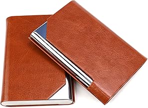 Erzekrim Lot de 2 porte-cartes de visite fins en cuir synthétique de qualité supérieure - Acier inoxydable - Fermeture magnétique - Peut contenir 24 cartes, marron, Slim, Moderne