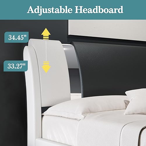 Miniatura 4 de HOOMIC Base de cama moderna de piel sintética tamaño Queen con decoración de piezas de hierro, cama de plataforma de perfil bajo con cabecera