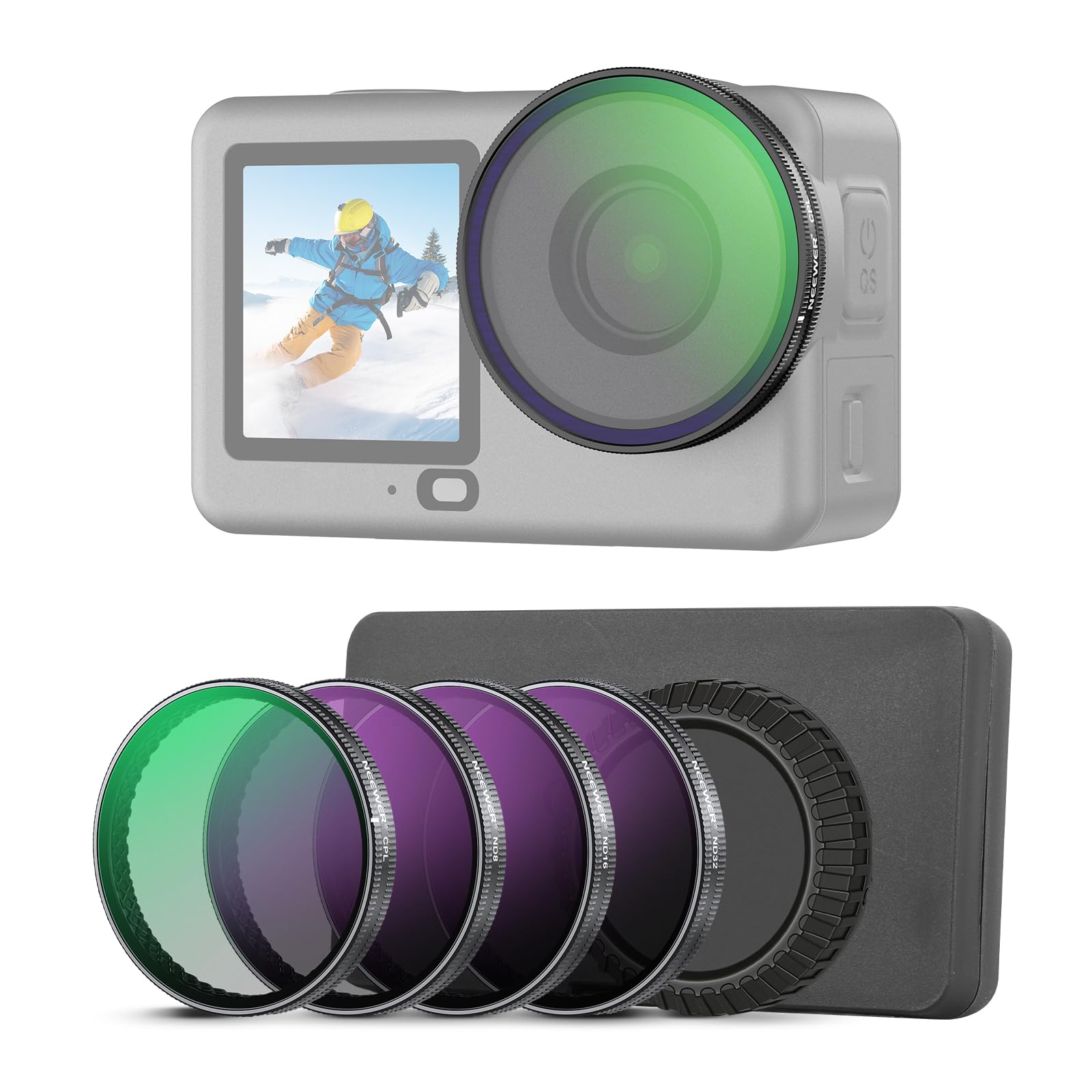 NEEWER CPL ND Filter Set Compatible with DJI Osmo Action 6 Only, Snap On 4 Pack ND8/16/32 Adjustable Circular Polarizing Lens Filters Multicoated Action Camera Photography Accessories with Lens Cap