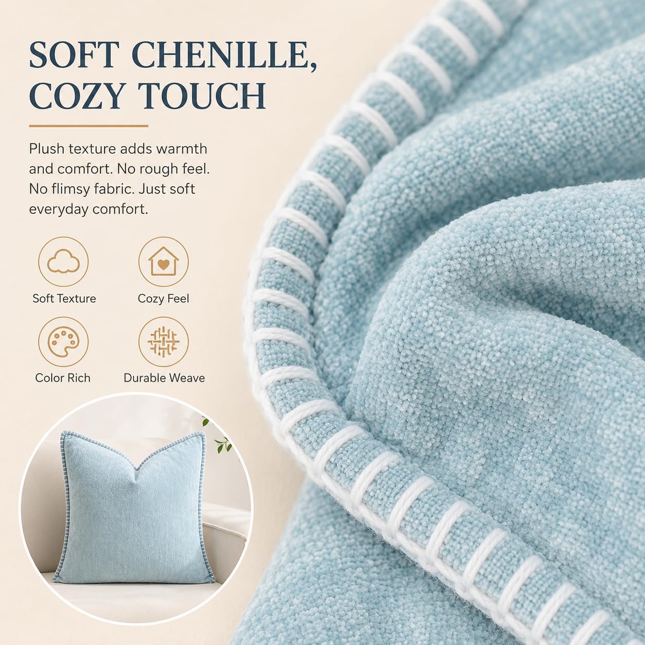 Decorative Blue Throw Pillow Covers 18x18 Inch, Pack of 2 Chenille Soft Pillow Covers with Stitched Edge,Farmhouse Neutral Euro Decorative Pillows for Bed Couch Sofa Home Decor Living Room