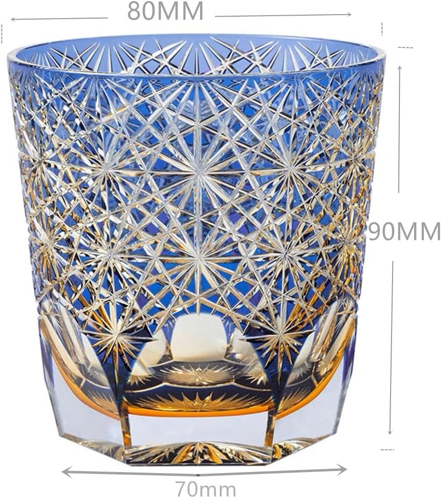 JEKE Edo style Color Hand Cut Crystal Glass Tumbler Whisky Gass 9 Oz Glassware with Luxury Gift Box,Cocktail-Vodka-Beer Drinkingware Glasses In Gift Carton (Blue)