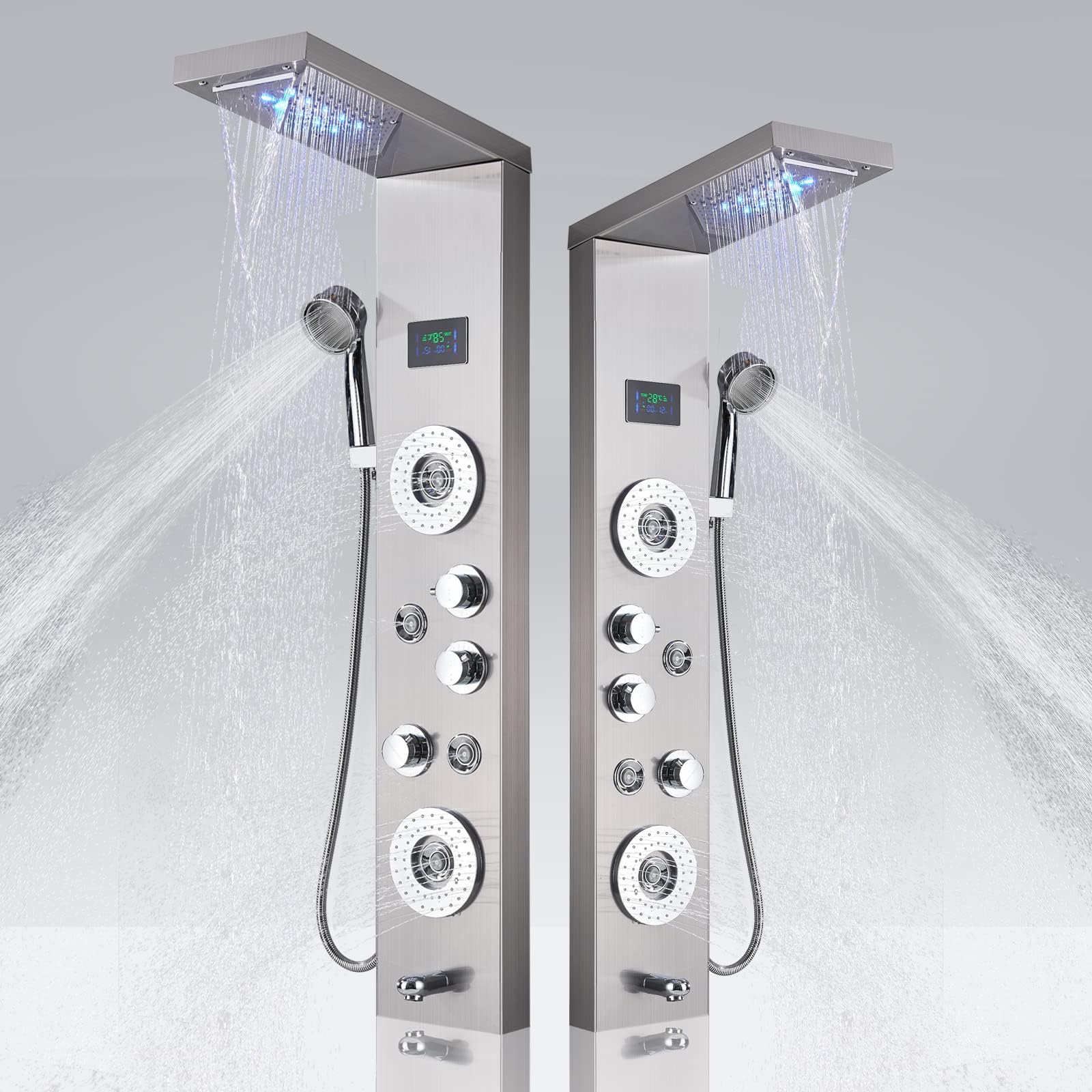 FUZ Brushed Nickel Shower Panel Tower System,LED Rainfall Waterfall Shower Head+Hand Shower +Massage Jets+Tub Spout Multi-Function Shower System