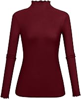 Vista 1 de Lightweight Ruffle Mock Neck Tops Ribbed Lettuce Trim Soft Base Layer for Women