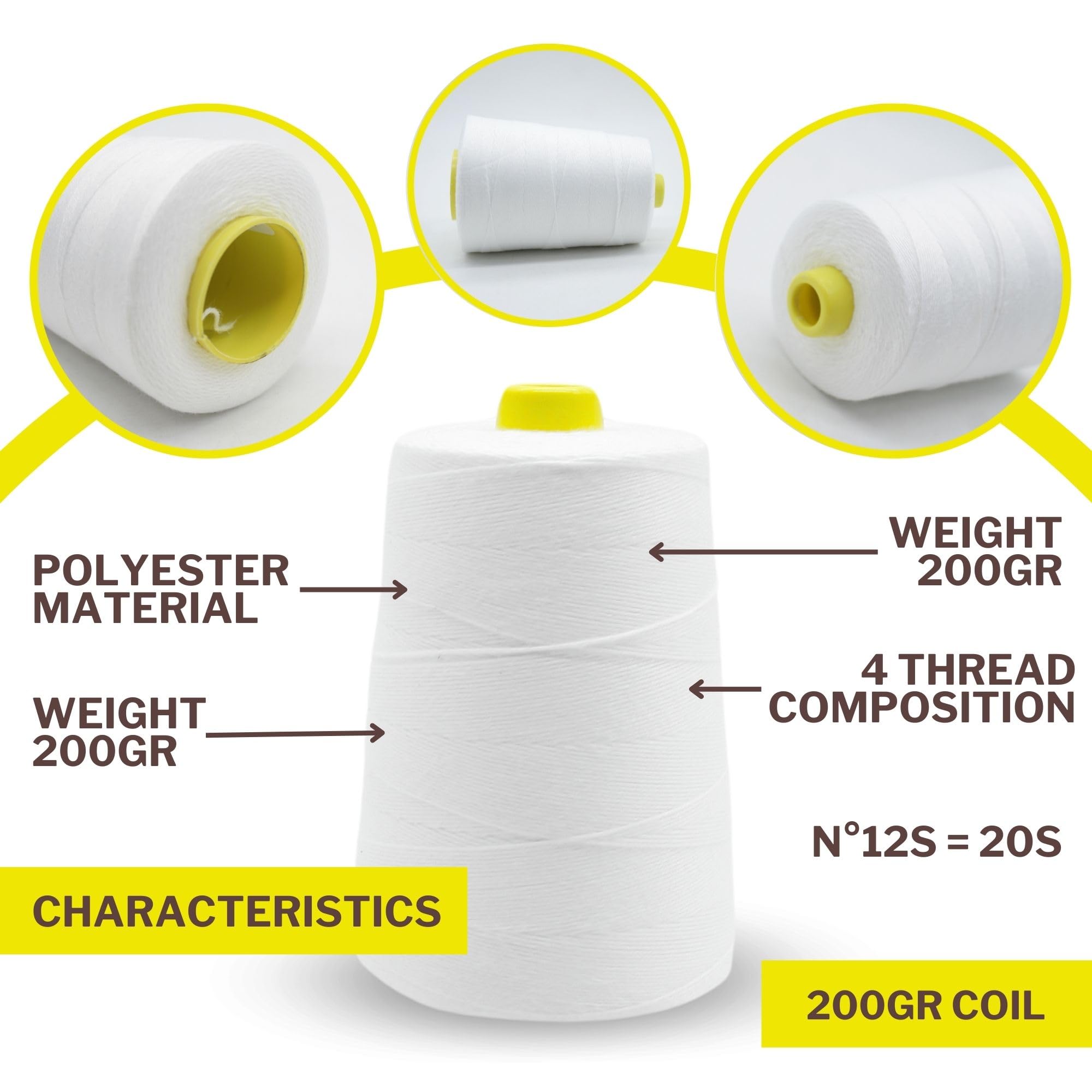 DOJA Barcelona | Filo per Cucire Sacchi | 5 Bobine Filo Cucito Poliestere | 12S/20S 4 Fili | 200g | 1020m | Colore Bianco | Filo per Macchina da Cucitrice Sacchi | Resistente per Macchina da Cucire
