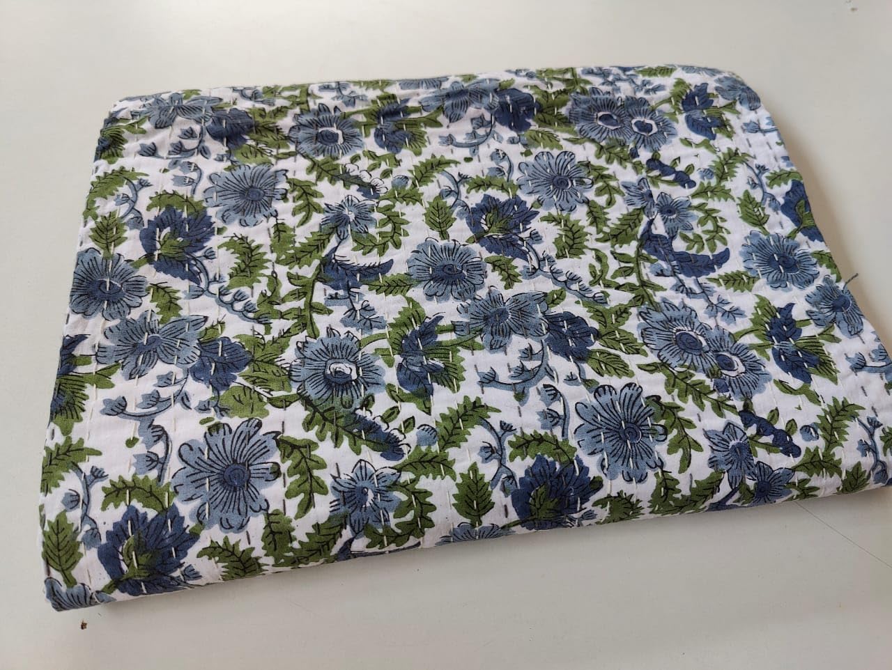 Kalap Indian Handmade Cotton Kantha Quilt Traditional Queen Kantha Quilts Kantha Bedspread Blanket Indian Kantha Queen Boho Quilt Throw King Quilts (Blue Floral., Twin 90 X 60 Inch)