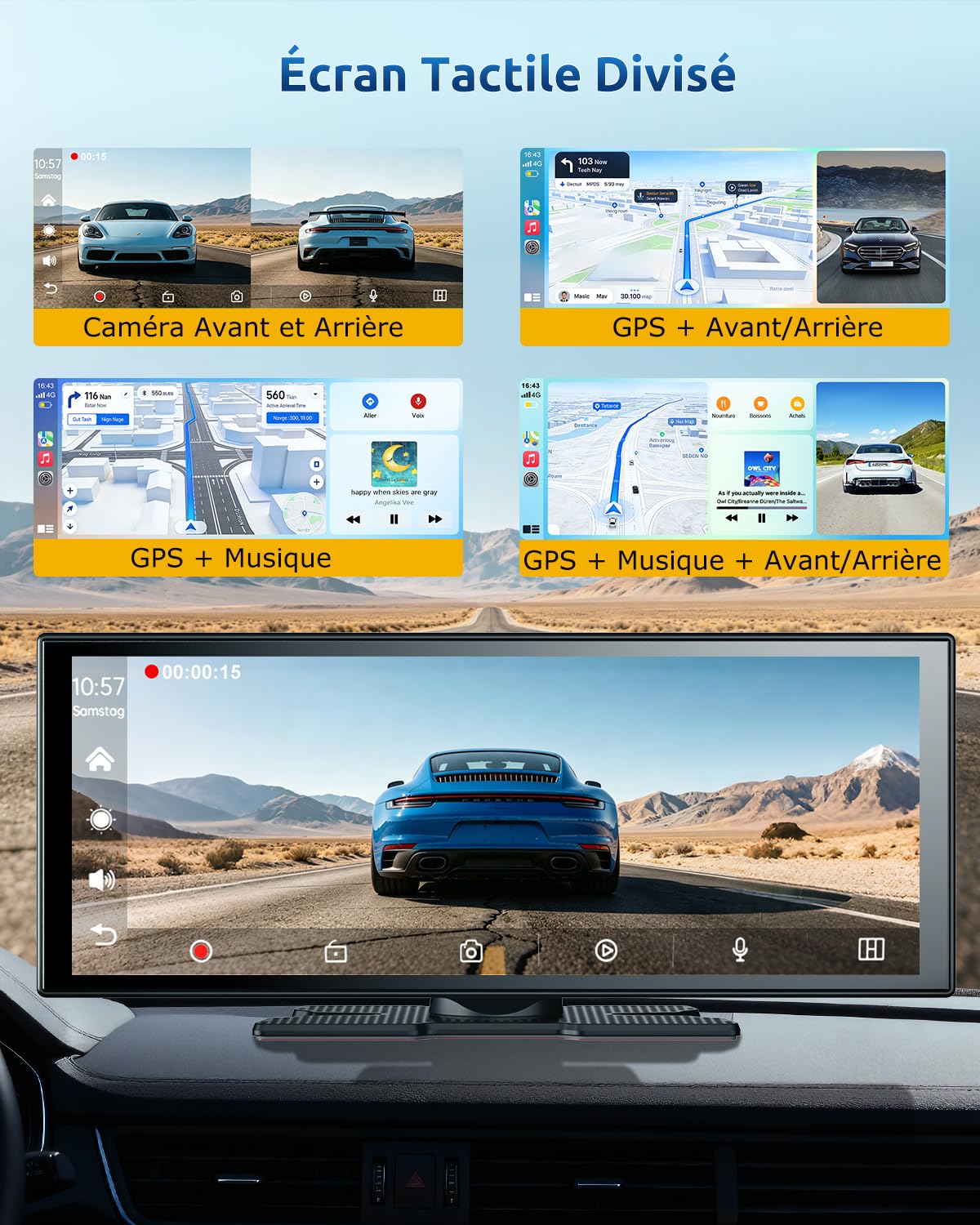 ESSGOO CarPlay Voiture, Supporte CarPlay sans Fil et Android Auto, Écran Tactile IPS 11,3 Pouces, Caméra Avant 4K et Caméra de Recul 1080P, Bluetooth 5.3, GPS, FM, AUX, Mirror Link