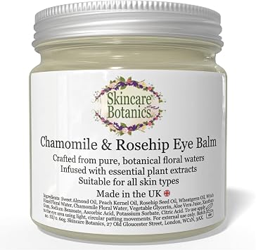 Organic & Natural Rosehip & Chamomile Eye Balm | Pure Plant Botanicals & Essential Skin Oils | Large 60 g. Glass Jar | Made in U.K.