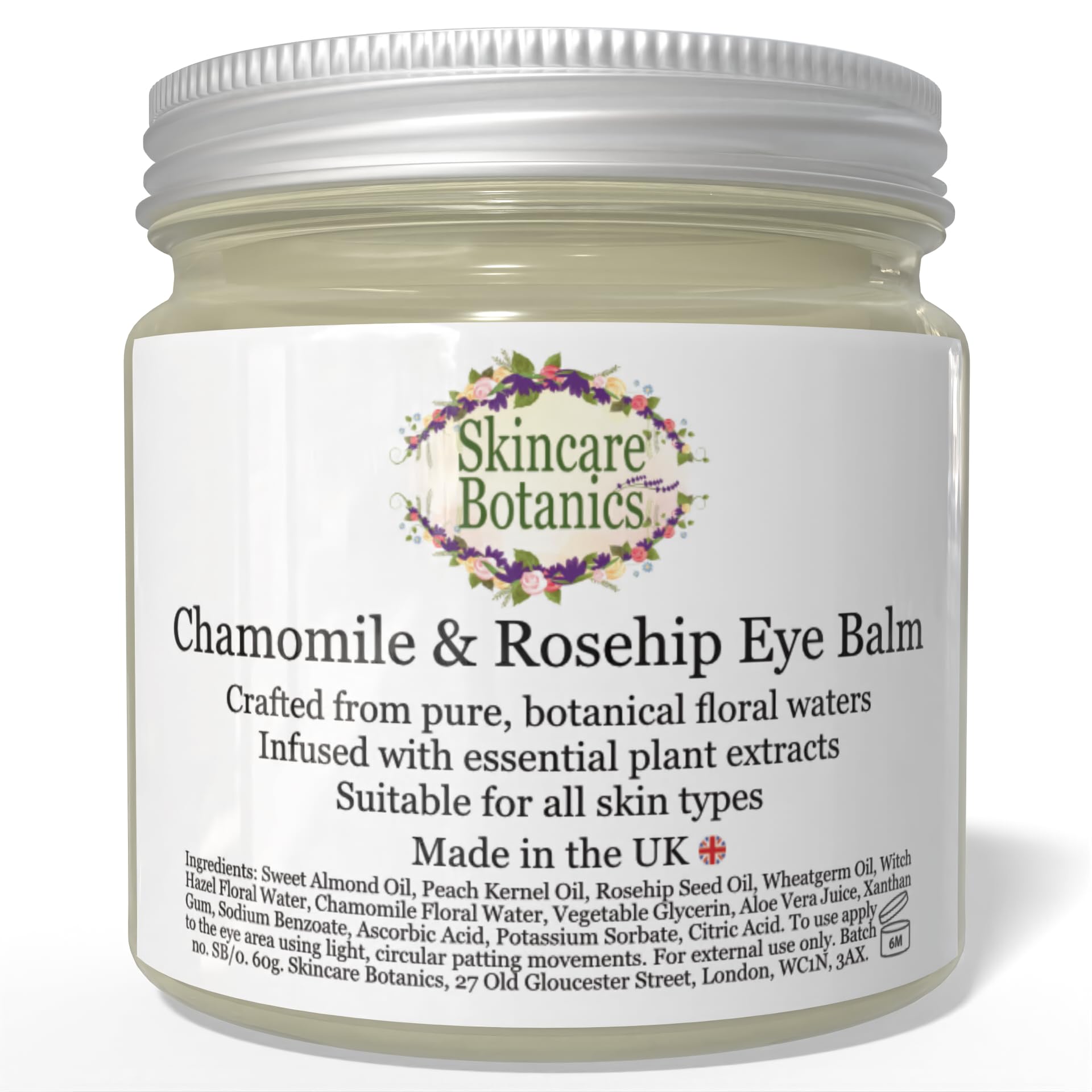 Skincare Botanics Organic & Natural Rosehip & Chamomile Eye Balm | Pure Plant Botanicals & Essential Skin Oils | Large 60 g. Glass Jar | Made in U.K.