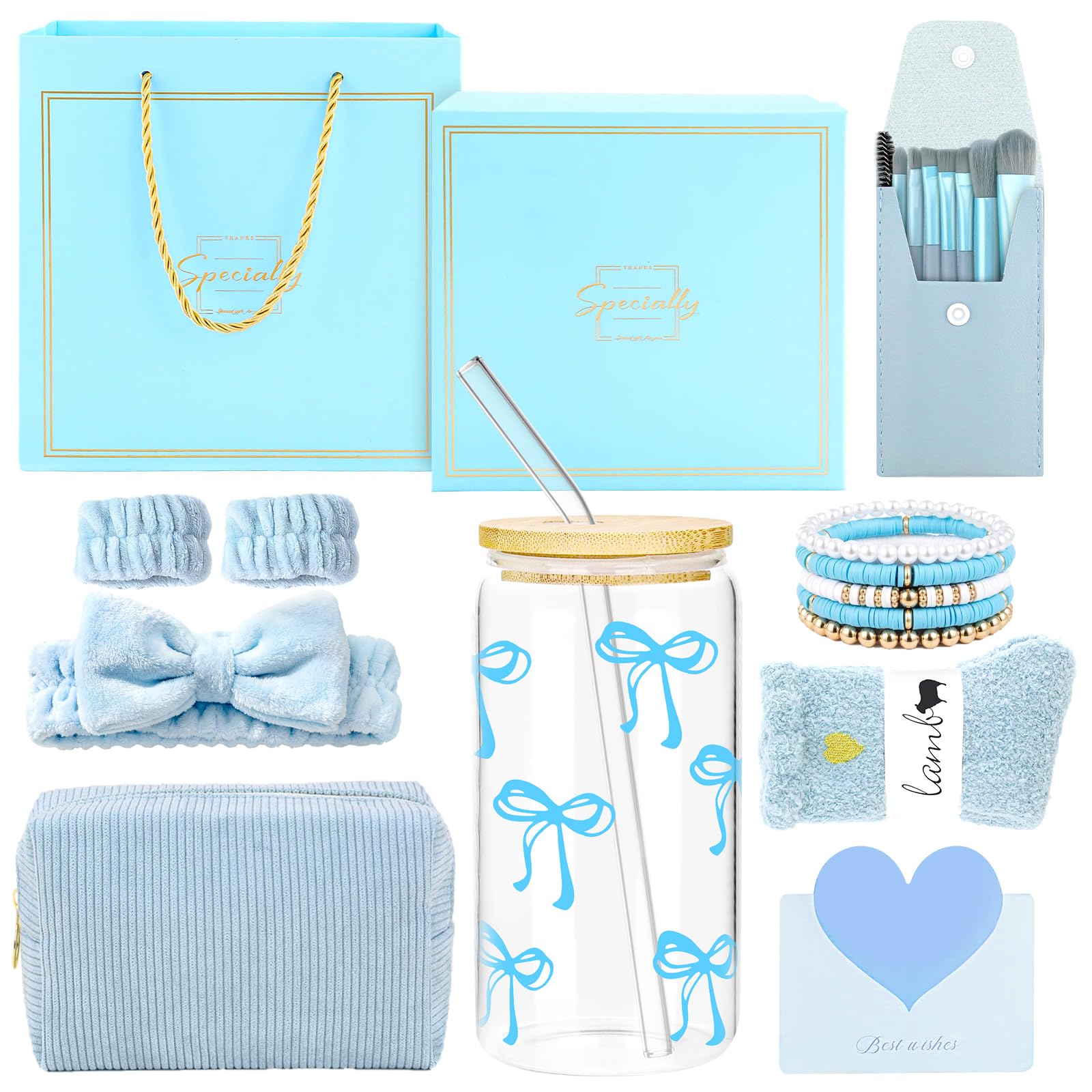 Gifts for Girls Age 9 10 11 12 13 14 15, Christmas Birthday Gift Set for Teenage Girls, 16oz Bow Glass Cup with Lid and Straw, Makeup Brushes, Cosmetic Bag, Bracelets, Socks & Headband in Gift Box — image 1