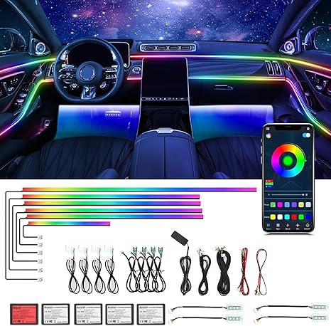 Dream Color Acrylic Interior Car Ambient Light Kit, Bphuny 18 in 1 593 LEDs Fiber Optic Multiple Modes Decoration Atmosphere Lights with Music Dynamic Rainbow Rhythm, RGB Neon Lights for All Cars